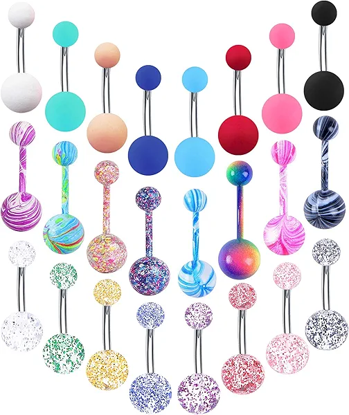 EVELICAL 24-50Pcs 14G Stainless Steel Belly Button Rings for Women CZ Screw Navel Bars Body Piercing Jewelry