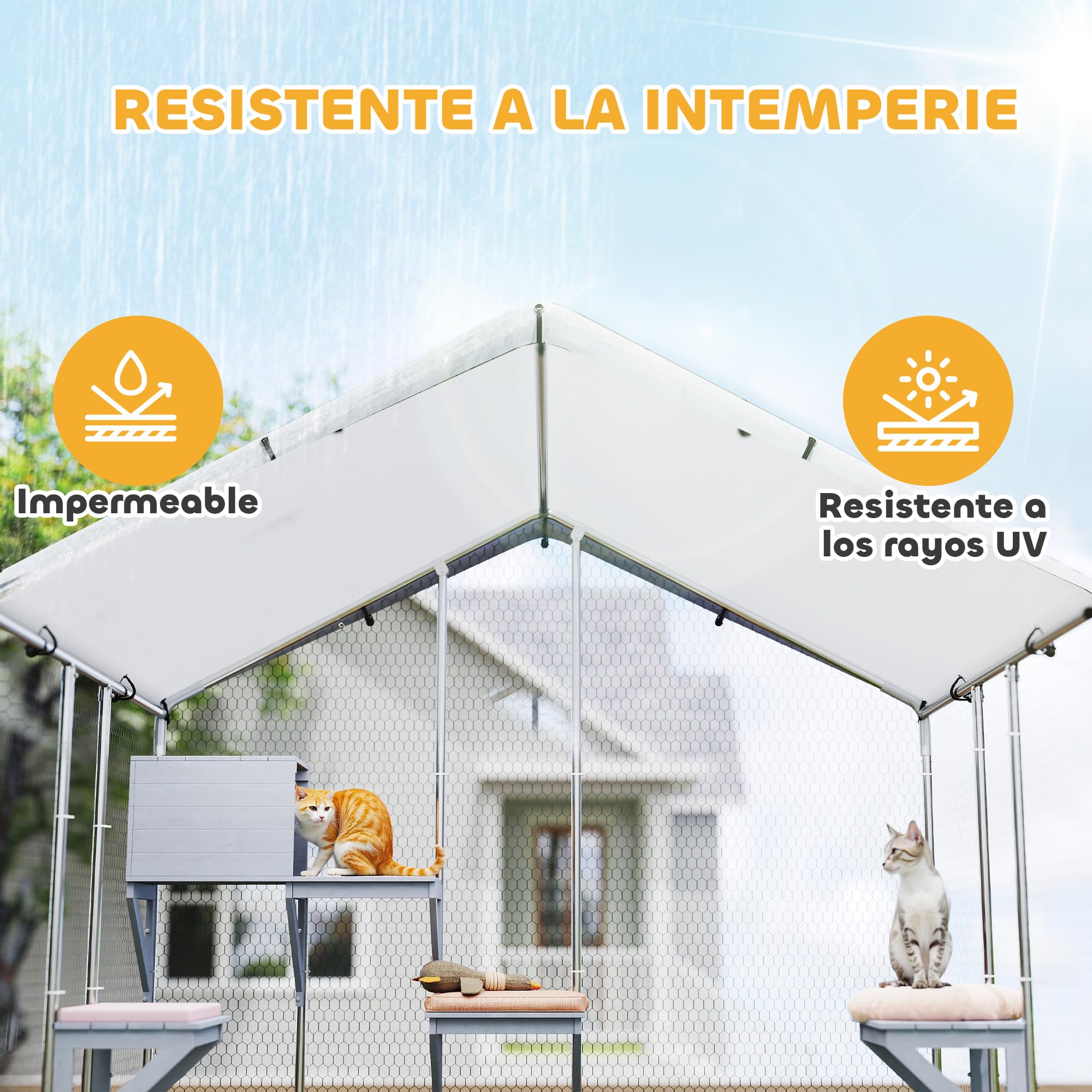 PawHut Jaula Grande para Gatos Exterior, Recinto para Gatos con 1 Casita, 3 Plataformas para Saltar, Cubierta Impermeable y Anti-UV, Parque para 5 Gatitos, Conejos, 200x170x195 cm, Plata