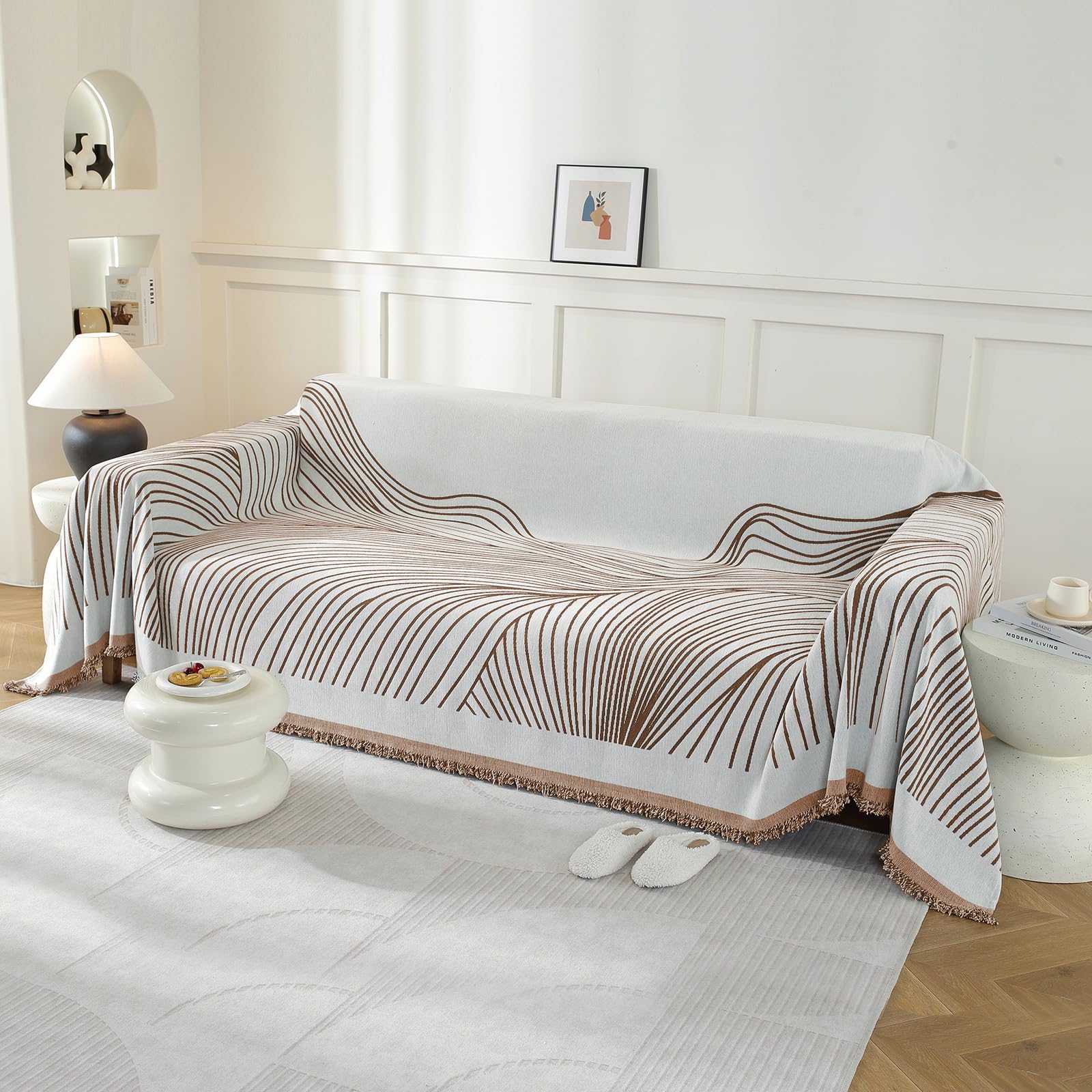YSTELLAA Funda Sofa 4 Plazas, 180×380CM, Manta Cubre Sofa Four Seasons, Universal, Reversible, Grande, Gruesas, Antideslizantes, Decoración De Interiores, para Salón, Café Oscuro-Curve
