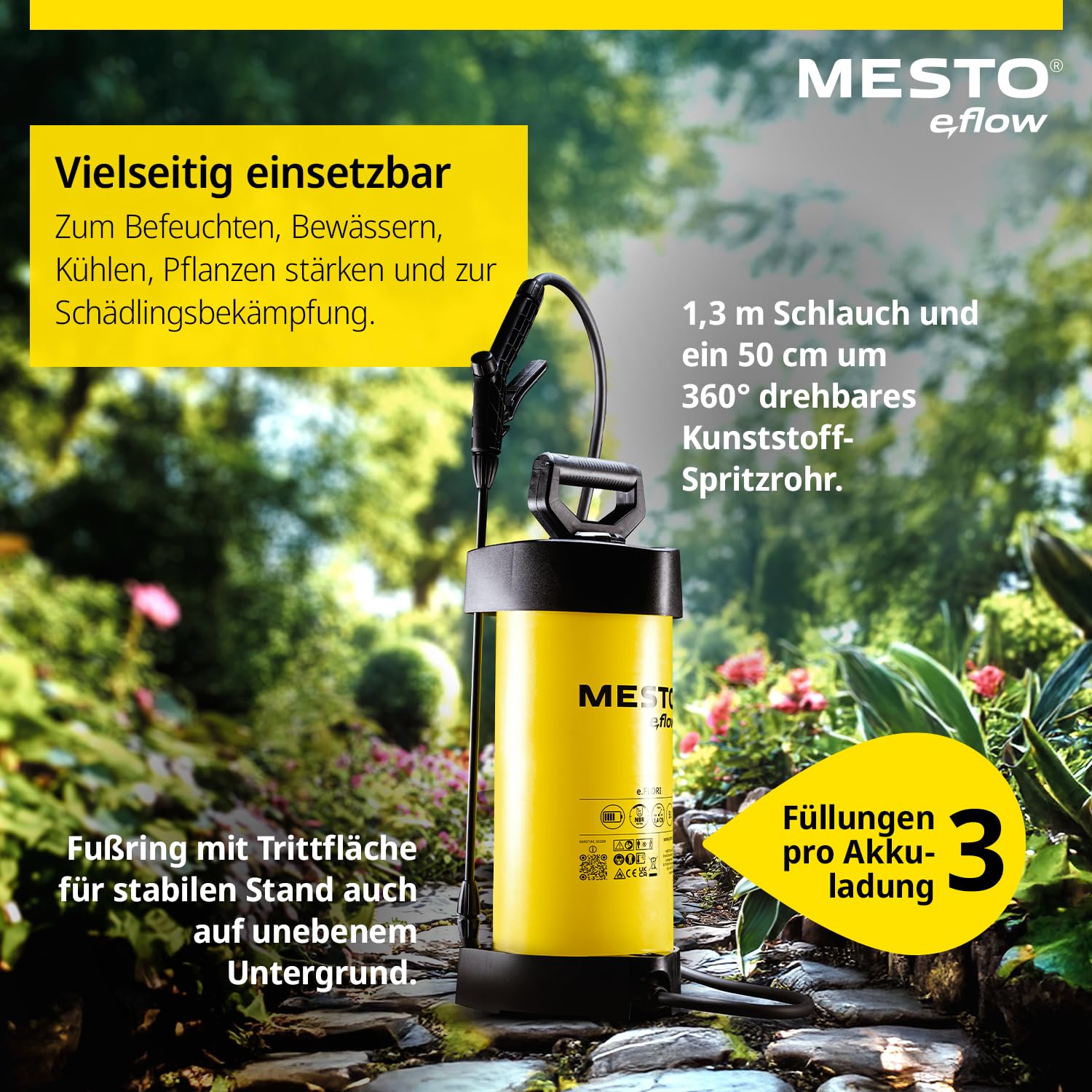 Mesto e.flow e.Flori Akku-Drucksprühgerät 5L | Akku Drucksprüher 1,4 bar | Akku Sprühgerät | Pumsprühflasche für Haus & Garten | Drucksprüher elektrisch | Pflanzensprüher | Gartenspritze & Unkrautspri