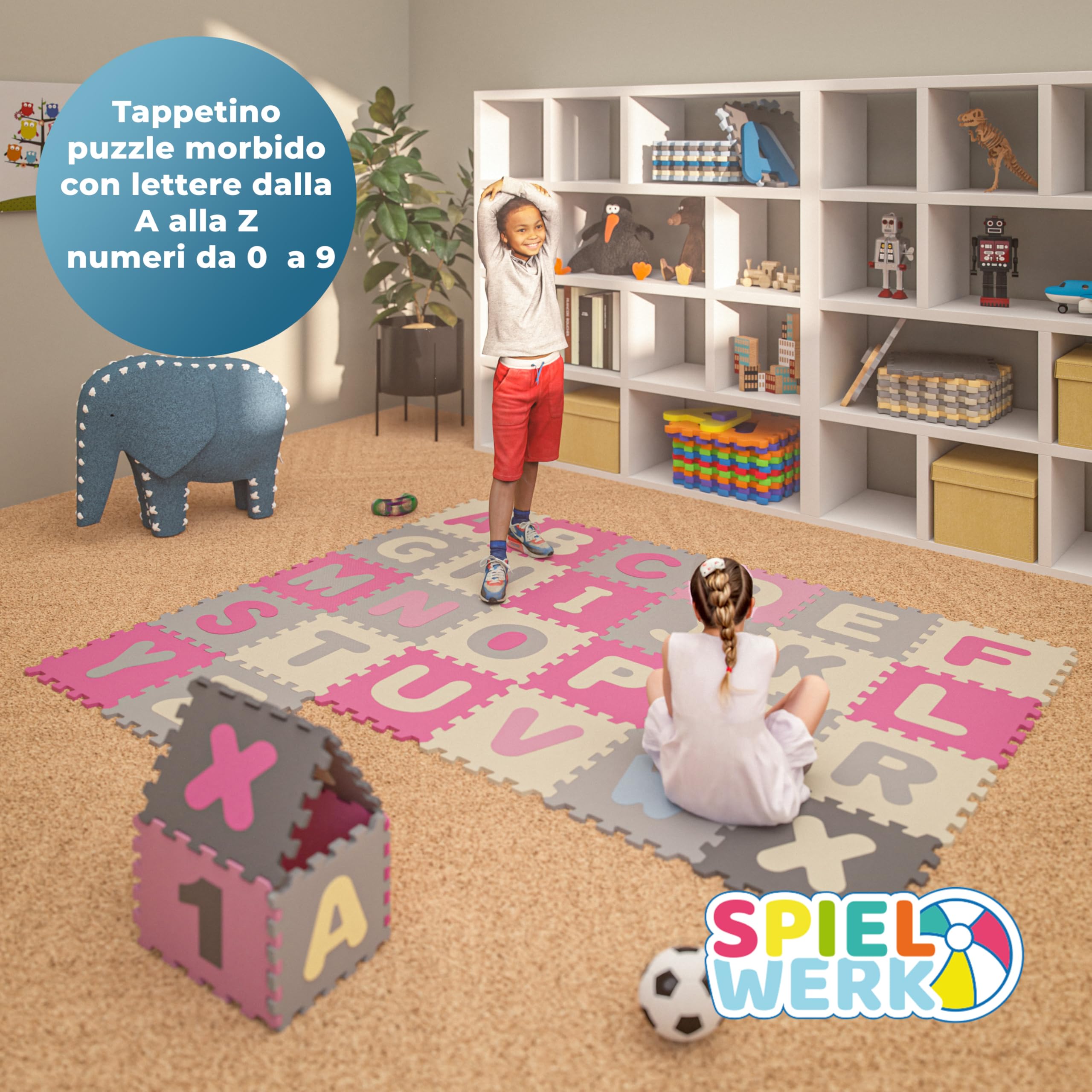 Spielwerk® Tappeto Puzzle XXL 86 Pz per Bambini 3,3m² Tappetino per Gattonare Lettere Numeri Apprendimento Gommapiuma