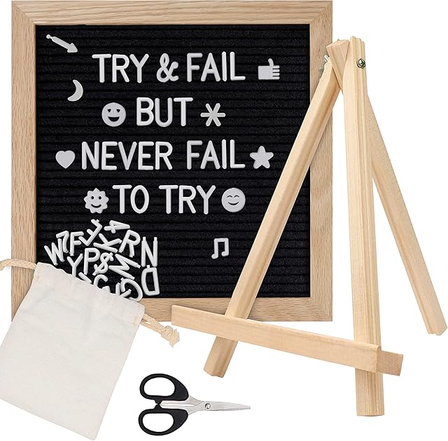 Belle Vous Felt Letter Board - 25.5 x 25.5cm/10.04 x 10.04 Inches - Rustic Wooden Frame & Tripod Stand - 332 Letters, Symbols, Numbers, Emojis & Storage Bag - Changeable Sign, Message & Memo Display