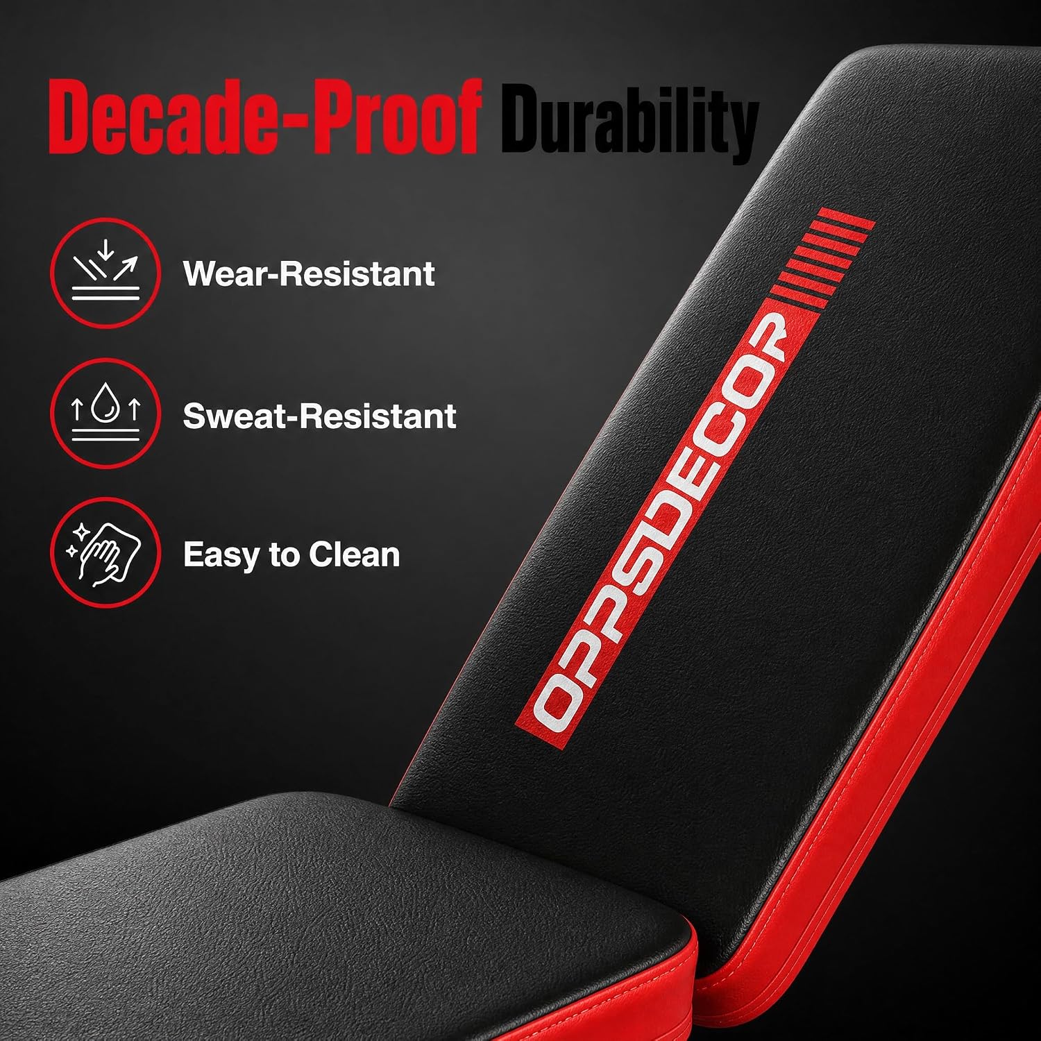 Close-up image of the bench's padded surface, highlighting its wear-resistant, sweat-resistant, and easy-to-clean features.
