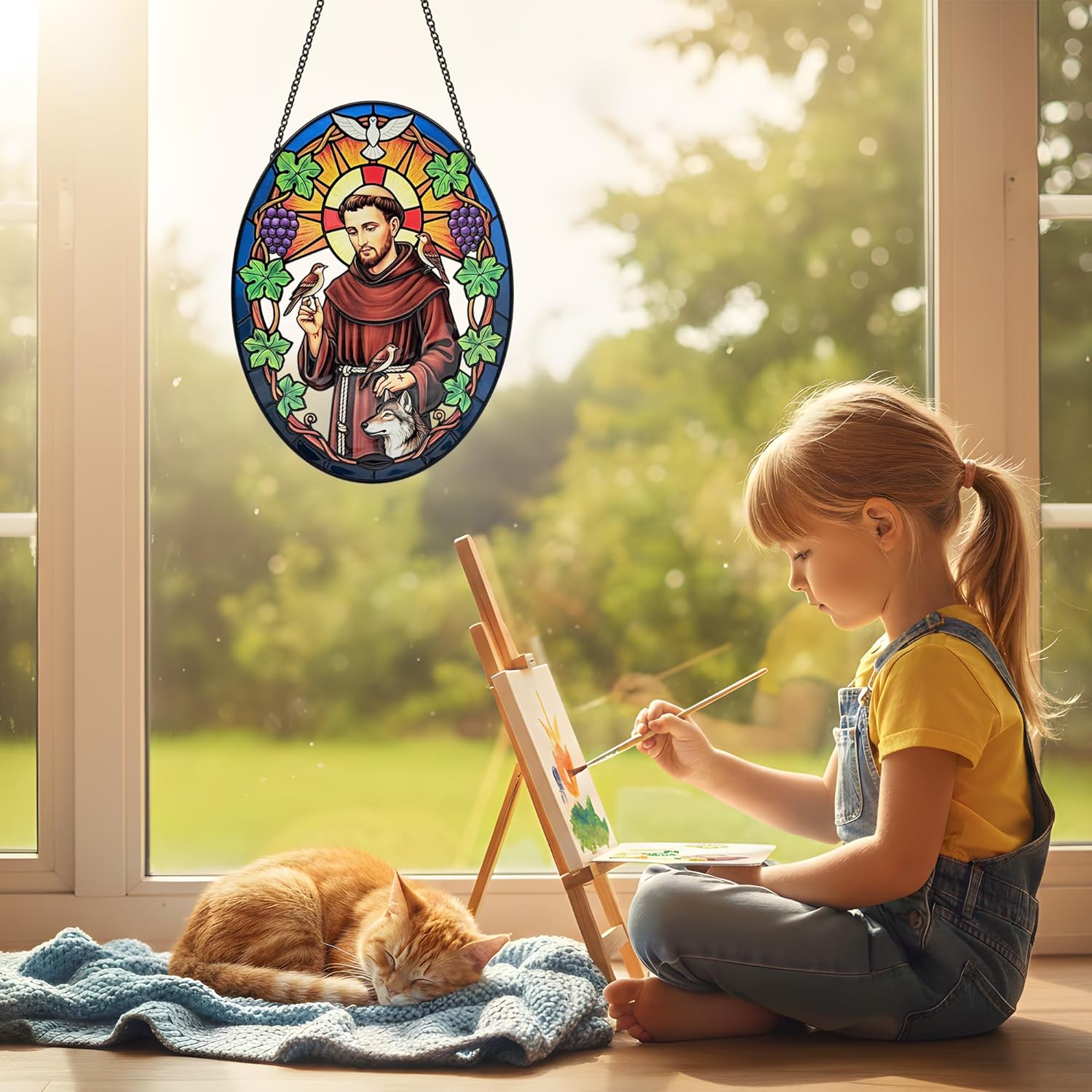 Stained Glass Window Hanging, Saint Francis of Assisi Sun Catchers Indoor Window Decor, 8.8 Inch Oval Suncatcher, Christmas Decorations, Christian Gifts for Women, Catholic Gifts for Women