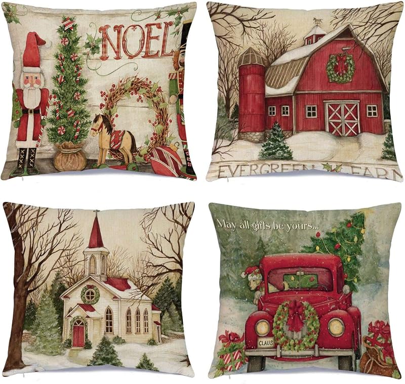 Hlonon - Juego de 4 fundas de almohada navideñas con decoración navideña de 18.0 x 18.0 in, funda de almohada cuadrada con cremallera personalizada