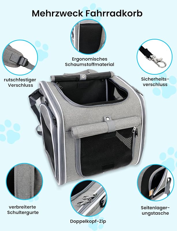 COICER 4 az 1-ben kutyakosár biciklire, bővíthető hátizsák 8 kg-ig, párnázott biciklis kosár