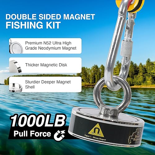 Vista 2 de Kit completo de pesca con imán de 1000 libras Kit de imán de pesca de doble cara con estuche Incluye imanes de neodimio N52 fuertes, cuerda