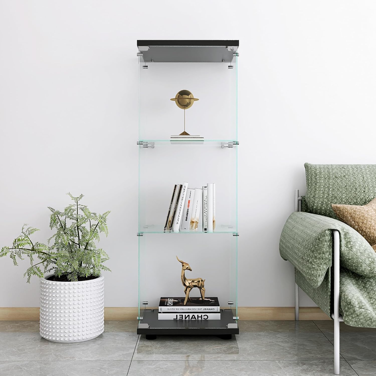 One-Door Glass Display Cabinet with 3 Shelves & Lock, Floor Standing Curio Cabinets Bookshelf, Organizers Storage Rack for Living Room, Bedroom, 50"x15"x14", Black