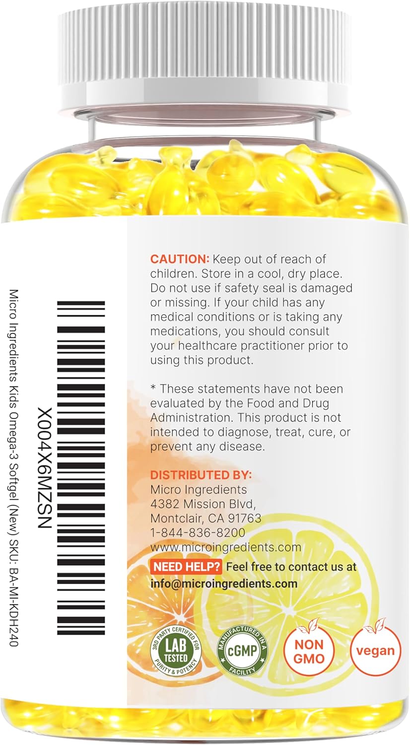 Micro Ingredients Kids Omega-3 Fish Oil, 240 Veggie Softgels | Vegan Omega 3 with 200mg DHA | Lemon Flavored | Fish Oil Alternative from Algae Oil | No Fishy Smell or Aftertaste - Image 10