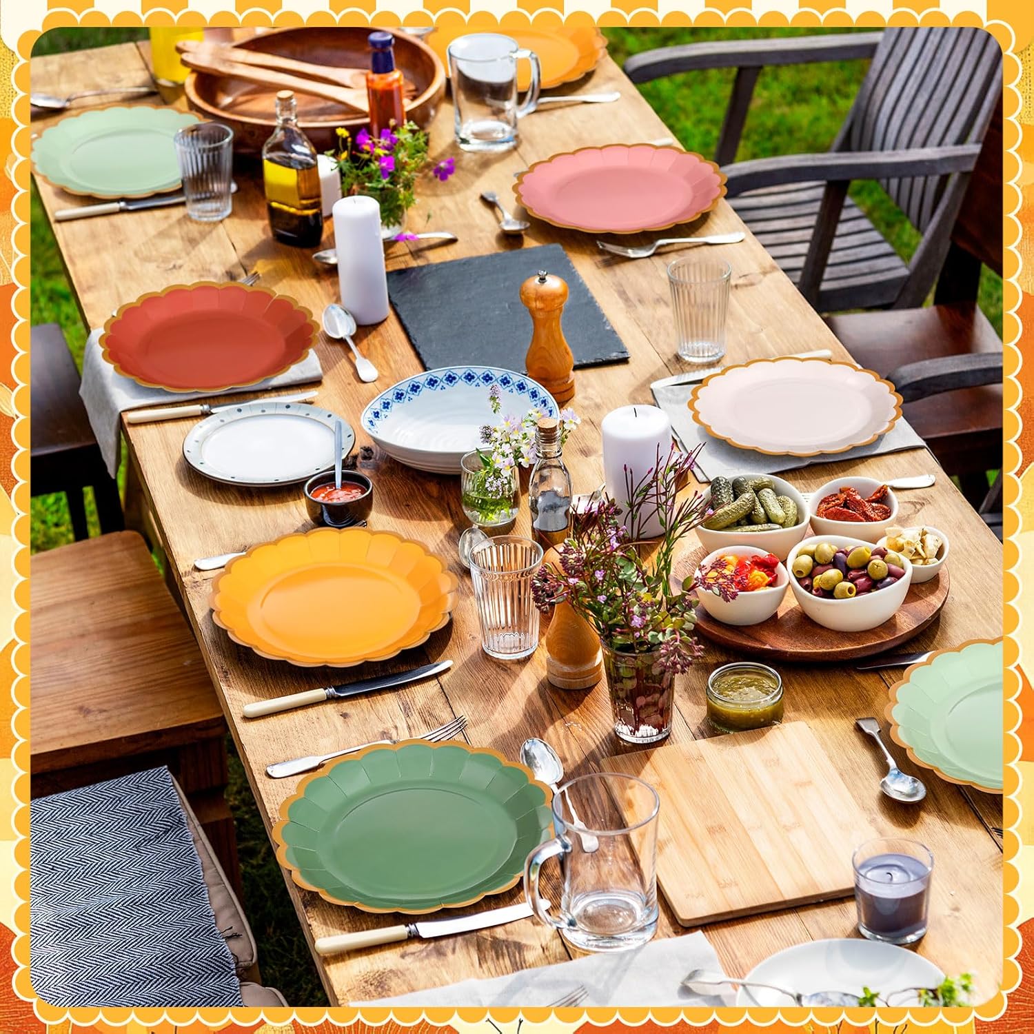 96 Pcs Colorful Paper Plates 9 Inch Boho Scalloped Paper Disposable Dinner Dessert Plates for Birthday Wedding Bridal Party Supplies, 6 Colors