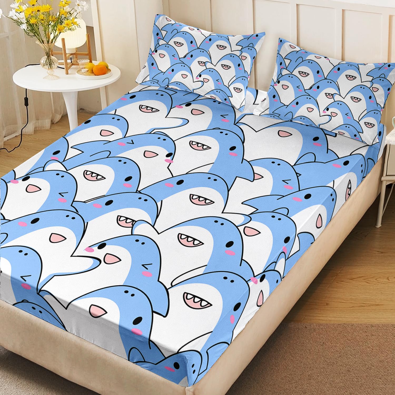 AILONEN Soft Cartoon Shark Lightweight Microfiber 3-Piece Sheet Set Twin XL Size,Blue Shark Bed Sheets Set,Lovely Sea Animal Deep Pockets with 2 Pillowcase for Cat Lover Bedroom Decor,Soft Microfiber