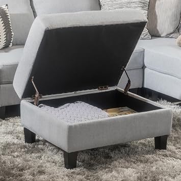 Polyester Ottoman with Storage, 28" x 23" Upholstered End of Bed Bench Safety Hinge with Legs, Large Storage Ottoman Bench for Bedroom, Living Room, Foot of Bed, Light Gray