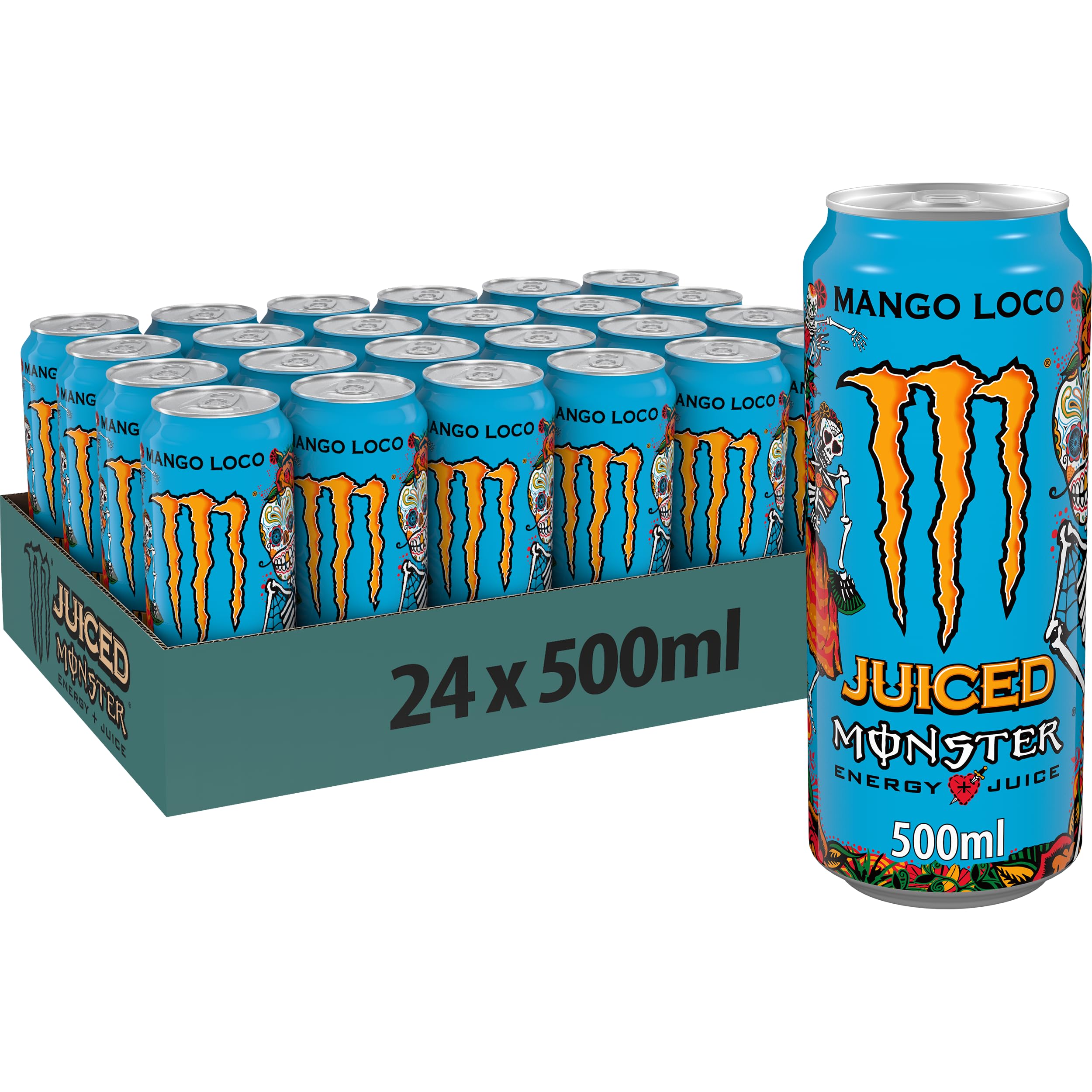 Monster Energy Mango Loco – 24 Lattine da 500 ml, Energy Juice con Taurina, L-carnitina, Inositolo e Vitamine del Gruppo B, Bevanda Energetica dal Gusto Esotico di Mango Mango Loco 500ml