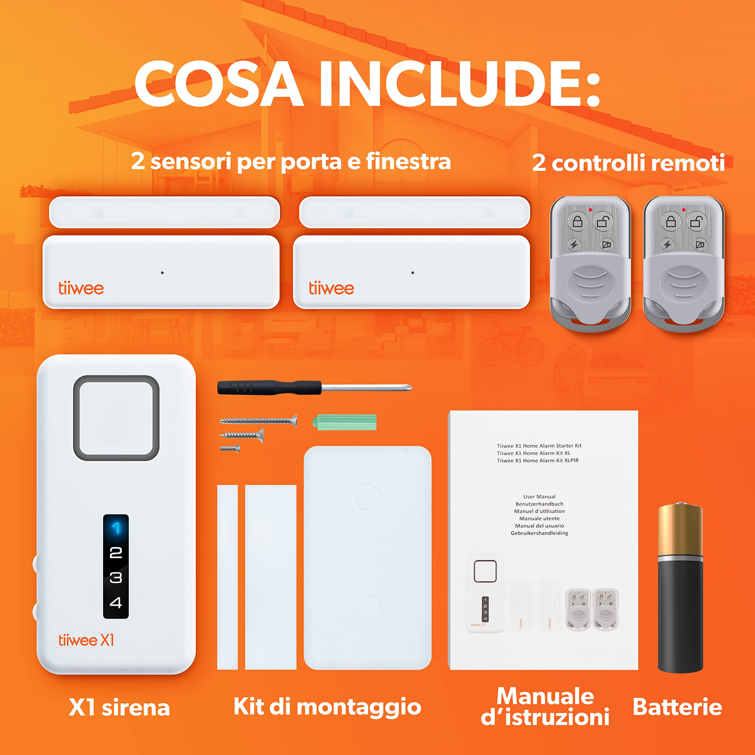 tiiwee Sistema di Allarme per Porte e Finestre - Sistema di Sicurezza con Potente Sirena, 2 Sensori per Porte e Finestre e 2 Telecomandi - Protezione Antieffrazione Casa, Appartamento, Garage