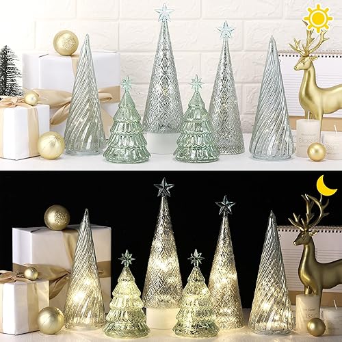 Miniatura 2 de Juego de 6 figuras iluminadas de árbol de Navidad de vidrio de mercurio con luces LED, funciona con pilas, centros de mesa de Navidad iluminados
