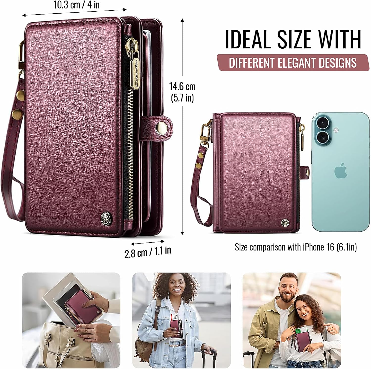 Passport Holder Wallet Bag with AirTag Holder, 11 Card Slots and Passport Solt Cash Solt Photo Solt Zipper Pocket, RFID Blocking Wristlet Strap.Wine