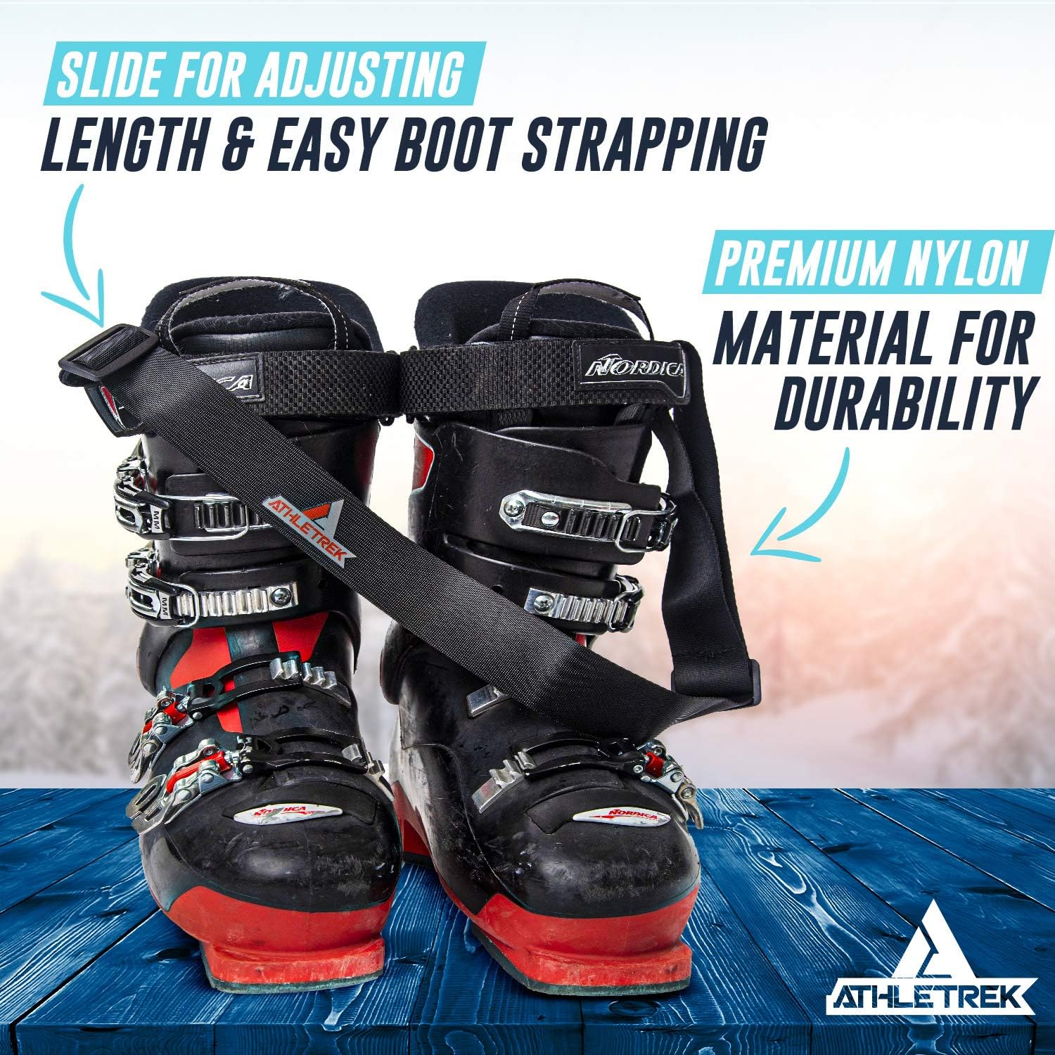 Athletrek Ski Boot & Snowboard Boot Carrier Straps | Adjustable Easy Carry Strap for Adult & Youth| Use Over Shoulder to Free up Hands | Perfect Ski Snow Winter Gear Accessory