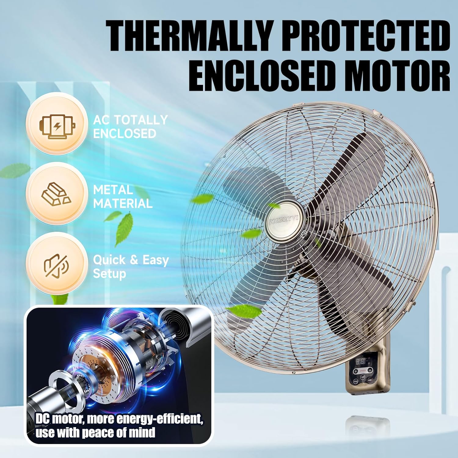 Oscillating Wall Mount Fan with Adjustable Tilt, 10 Speed, Metal Grille, DC inverters 24V,8 Hour Timer,90 Degree Oscillation, Ideal for Home, Bedroom, Gym & Office (brown-2pcs)