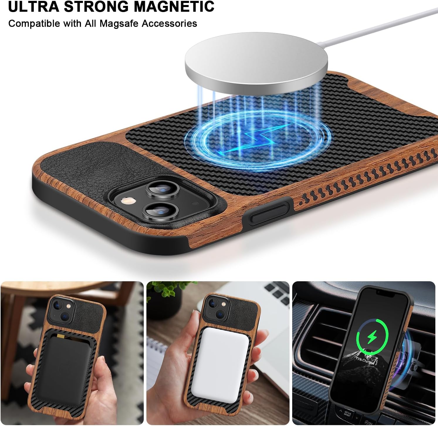 TENDLIN Compatible with iPhone 15 Plus Case Wood Grain with Carbon Fiber Texture Design Leather Hybrid Slim Case (Compatible with MagSafe) Black - Image 6