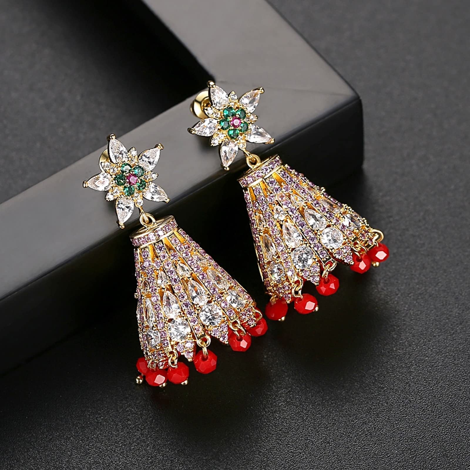 Ohringe, Ohrring Mädchen Gold Kupfer Pfosten mit Reibung Zurück 21x46mm Baumelnde Ohrringe für Damen Mehrfarbig Runden Zirkonia Blumenglocke