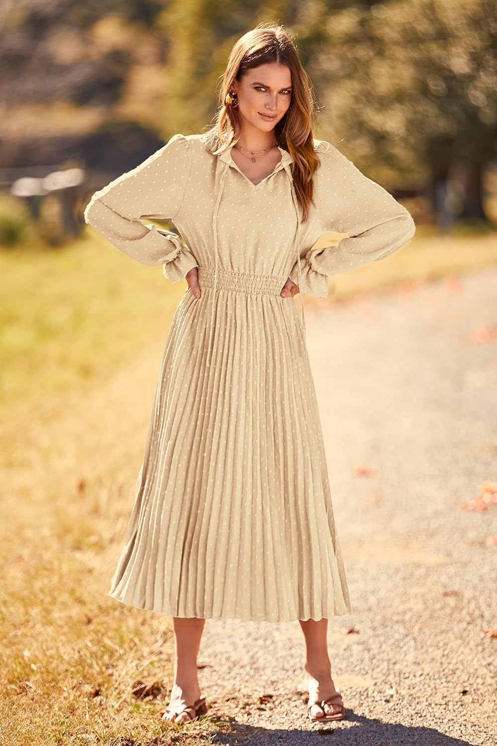 PRETTYGARDEN Women's 2026 Spring Fall Midi Dress Casual Long Sleeve V Neck Swiss Dot Pleated A Line Flowy Dresses - Image 6