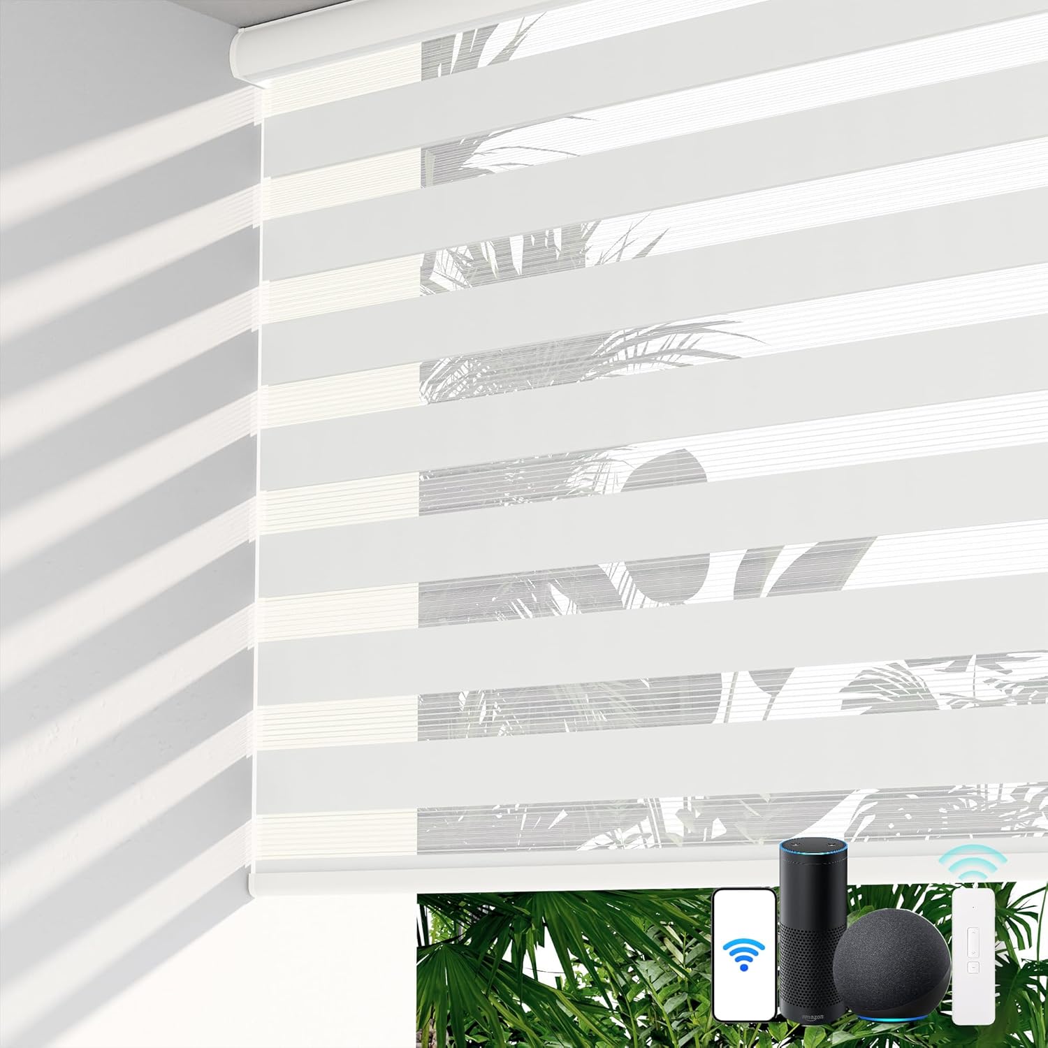 LazBlinds Motorized Zebra Roller Shades, Rechargeable Smart Blinds with Remote Control, Custom Cut to Size Light Filtering Dual Layer Roller Sheer Shades, White
