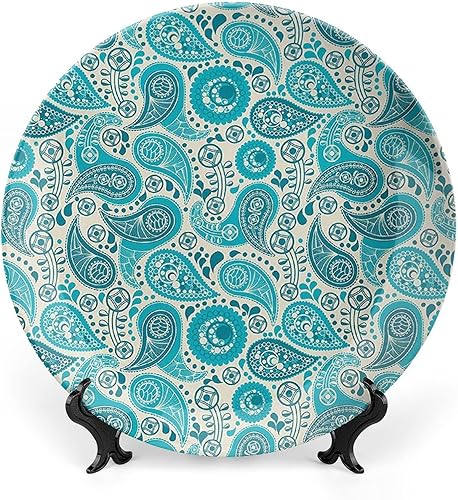 Miniatura 1 de Plato decorativo de 6 pulgadas, artesanía de cerámica turquesa, patrón floral antiguo de cachemira, estampado clásico de Oriente Medio, para colgar
