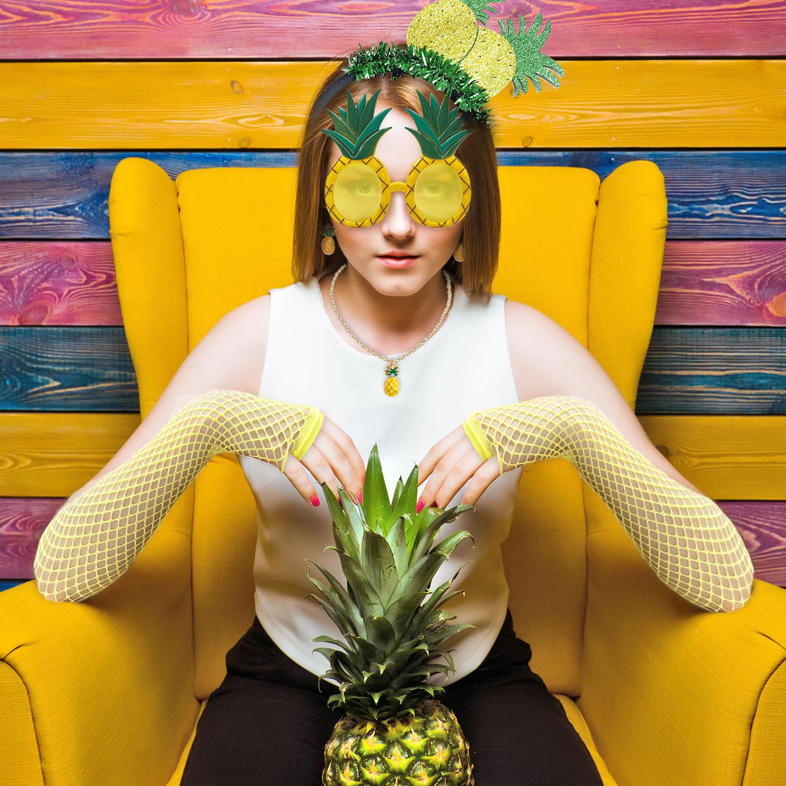 XNIVUIS 7 Pcs Pineapple Costume Set, Hawaiian Fancy Dress Set, Pineapple Crown, Glasses, Earrings, Necklace, Fishnet Gloves - Image 4