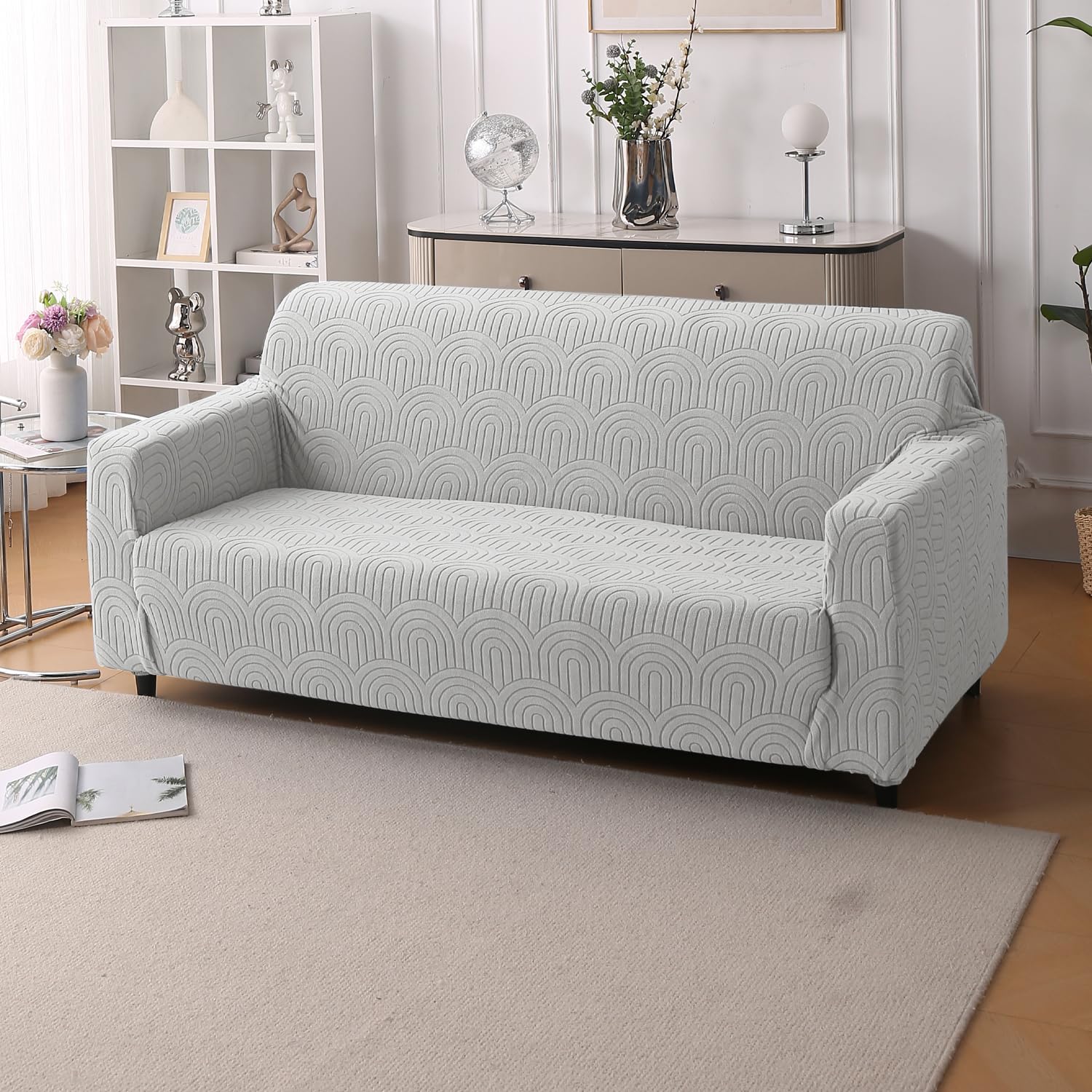 House of Quirk Premium Jacquard Fabric 220 GSM Sofa Cover – Soft, Stretchable Couch Slipcover, Flexible Fit, Wrinkle-Resistant & Easy to Clean (Grey, Three Seater)-image-31
