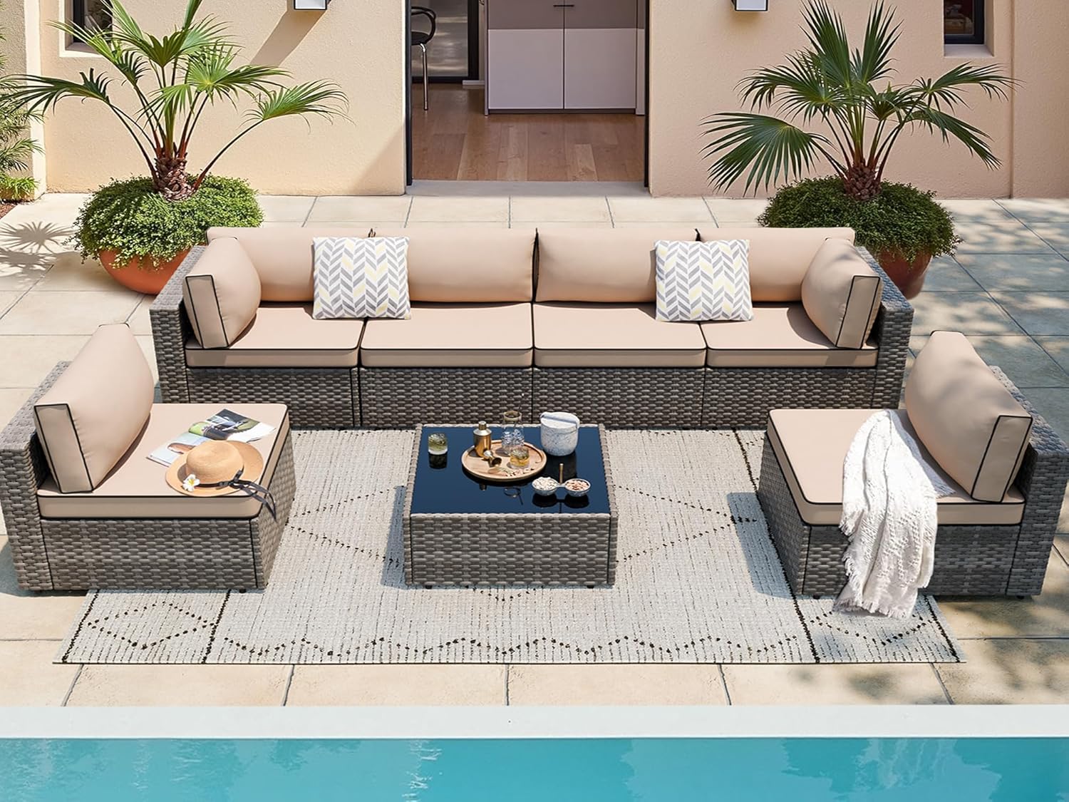 SUNLEI Outdoor Patio Furniture Set 7 Pcs, Rattan Balcony Furniture with Backrest Glass Table & Washable Cushions Small Conversation Patio Set with Sectional Design (Brown/Khaki)