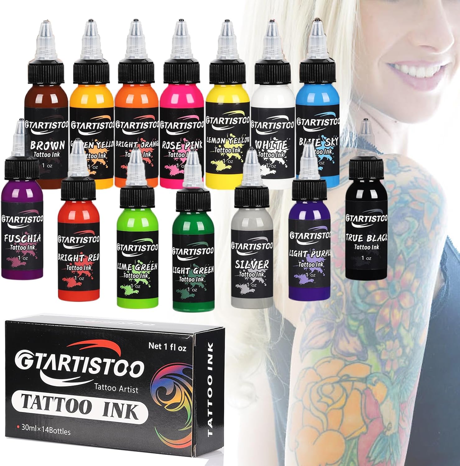 14 Colors Tattoo Ink Set 1oz (30ml) GTARTISTOO Professional Vegan-Friendly Pigment Tattoo Inks Color Kit Supplies