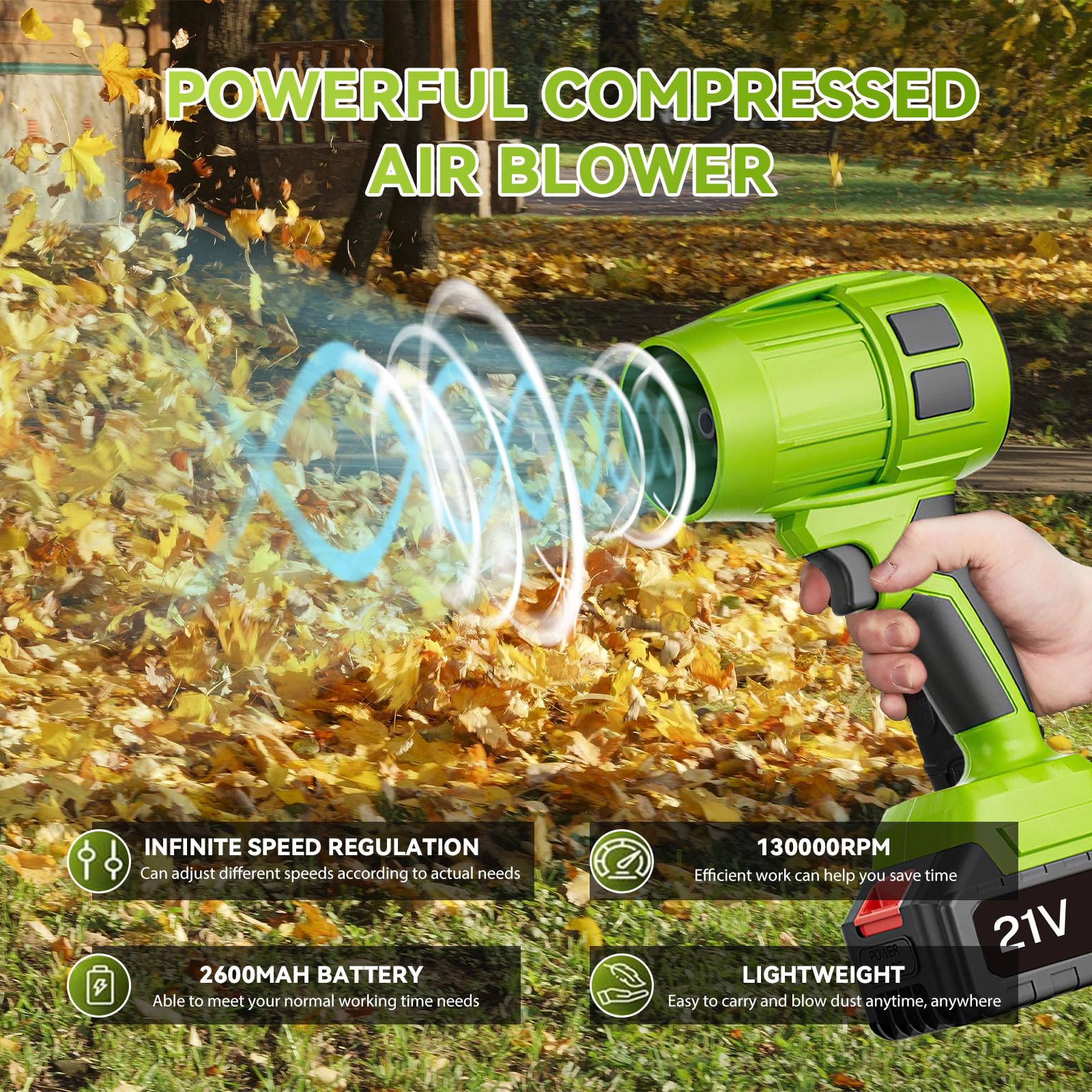 Souffleurs de Feuilles, Souffleur Électrique avec Batterie 1/2×21V et Chargeur, 130000rpm Souffleur Haute Puissance Multifonction pour Bulles de Feuilles,Voitures, Feuilles, Neige (1 Batterie)