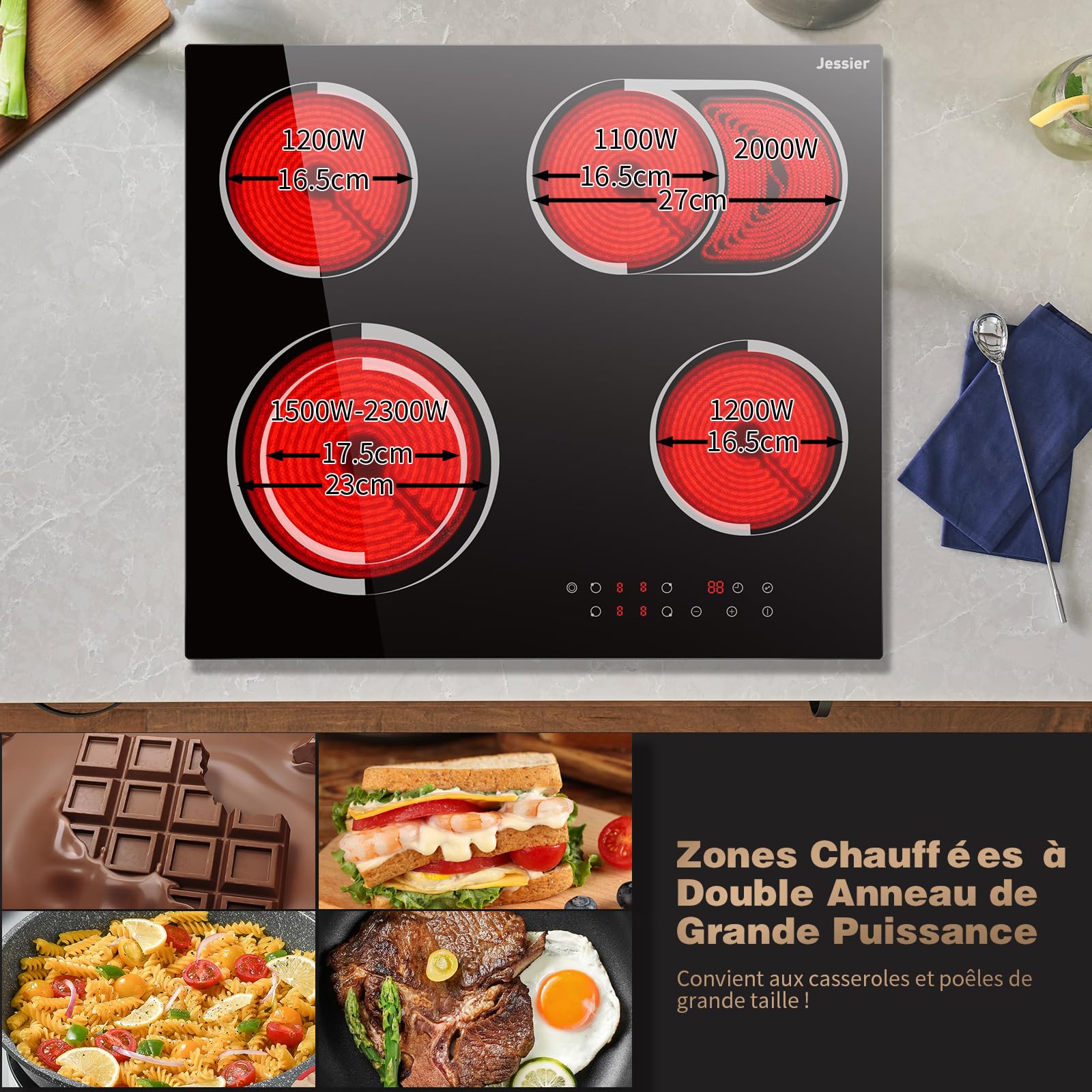 Plaque Vitrocéramique 4 Feux Encastrable 6700W, Jessier Plaque de Cuisson Electrique avec Double Zone de Barbecue Ovale, 9 Niveaux de Puissance, Fonction Pause, Minuterie, Fonction Anti-Touch