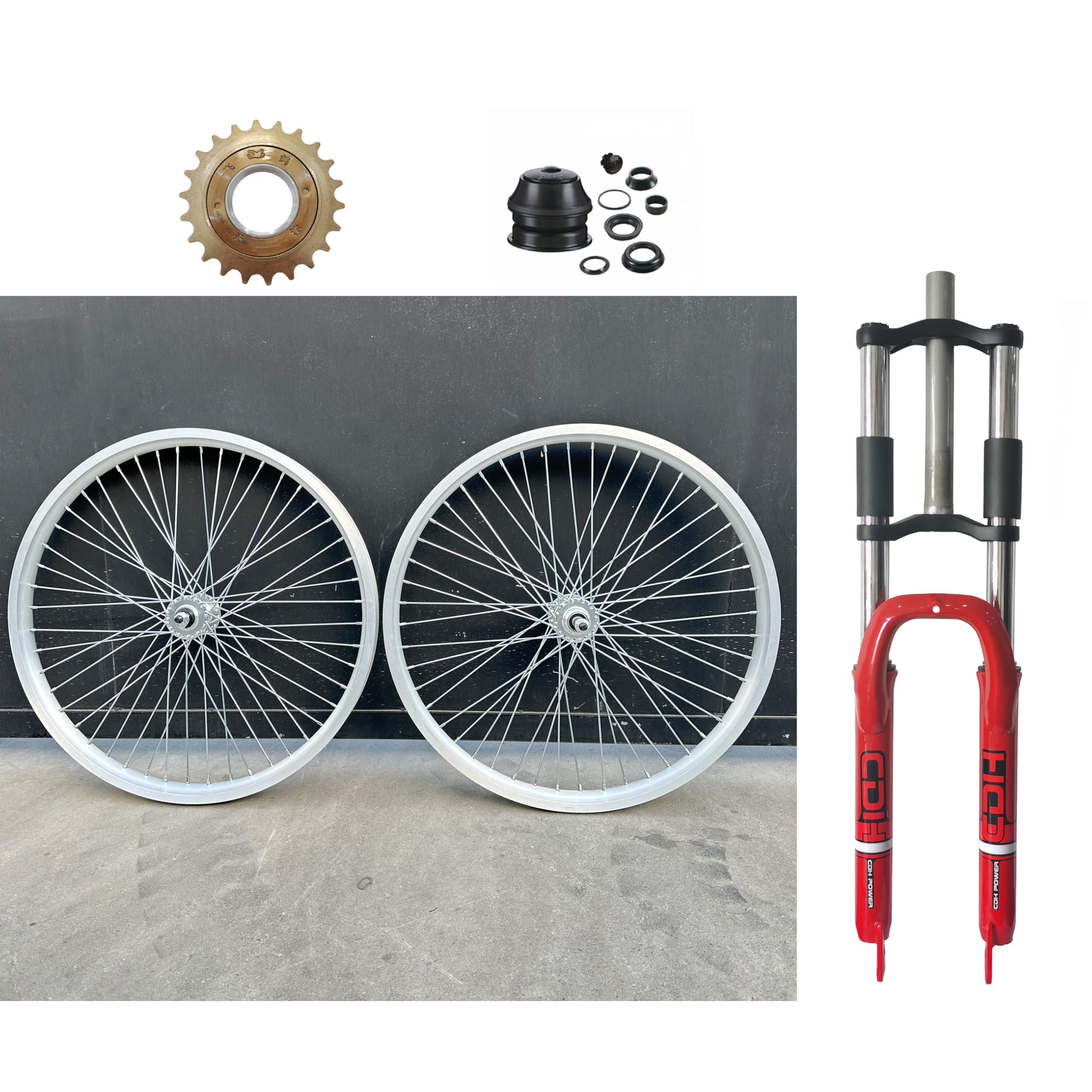 26 inch x 1.85" Heavy Duty Bike Rim Wheel Set & Red Fork & 22T Freewheel, 12 Gauge 48 Spokes Wheelset, Double Wall Aluminum Alloy 26" Bicycle Wheels Rims (Front & Rear) (Silver) Disc Brake