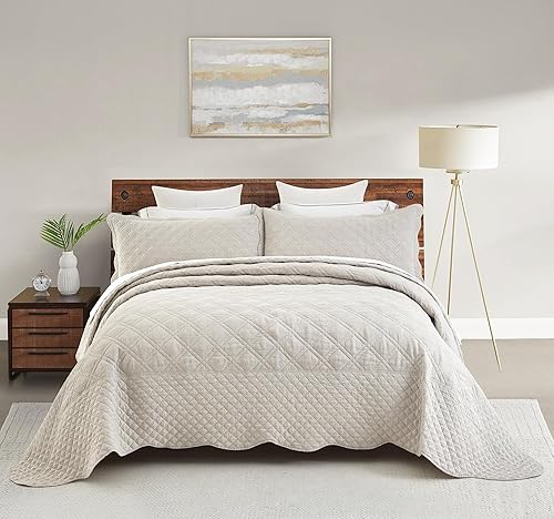 HZ & HY Colcha extragrande para cama King, color marfil, colección de lujo, 100% lino, ultrasuave y ligera, reversible, 3 piezas, KingCal King,