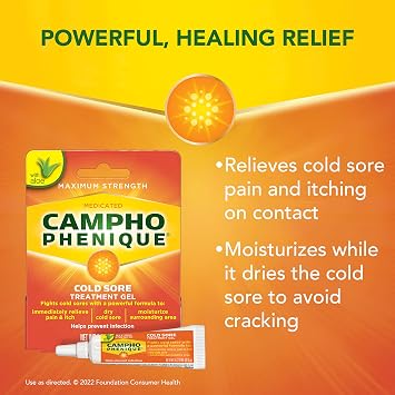 Campho Phenique Cold Sore and Fever Blister Treatment for Lips, Maximum Strength Provides Instant Relief, Helps Prevent Infection To Promote Healing, Original Gel Formula, 0.23 Oz | Provides instant relief from pain and itch of cold sores and fever blisters, helps prevent infection to promote healing