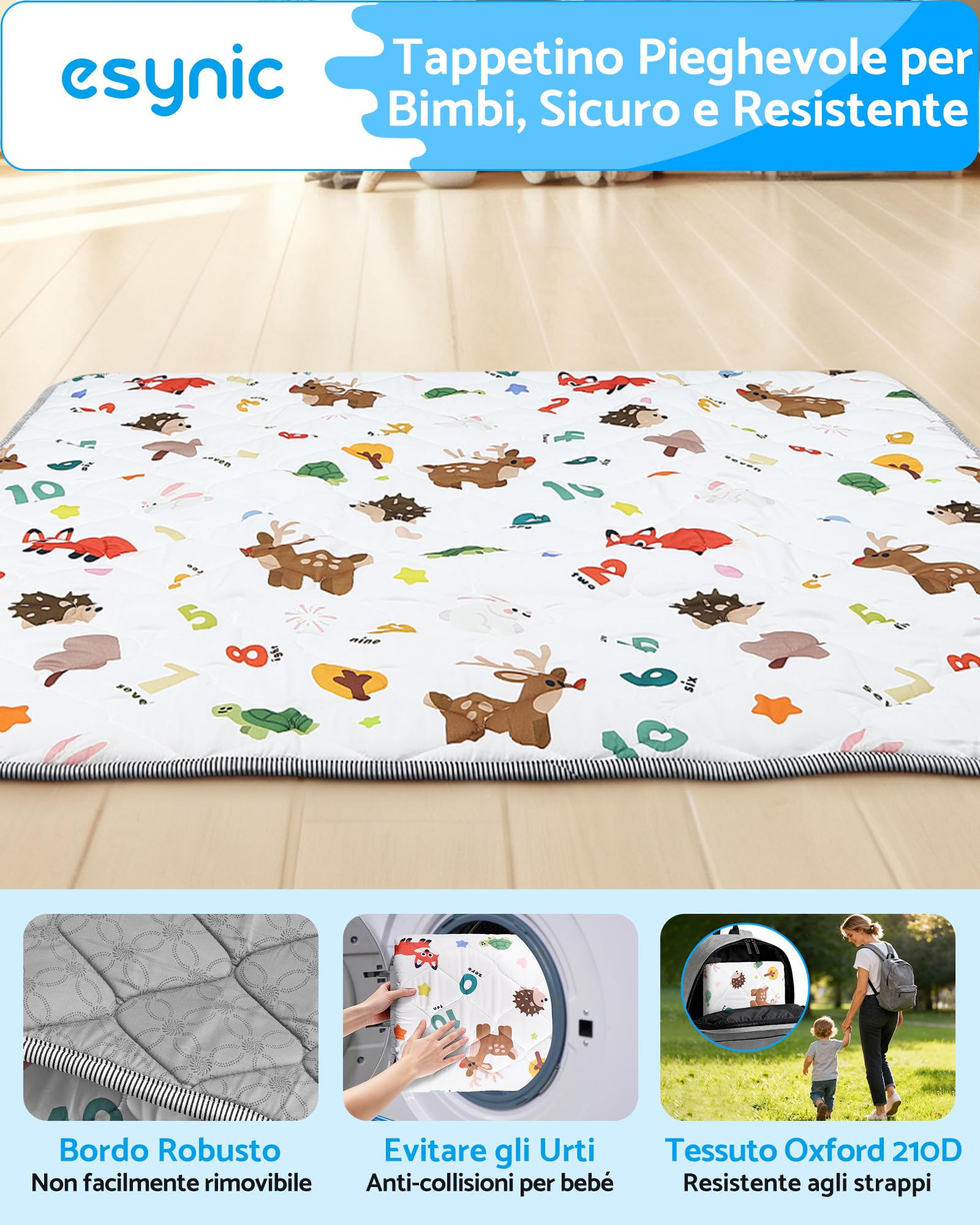eSynic Tappetino da Gioco Pieghevole per Bambini 150x150cm, Antiscivolo a 4 Strati ed Educativo con Design Animali e Numeri, Tappeto Neonato per Gattonamento, Picnic e Recinti, Lavabile in Lavatrice