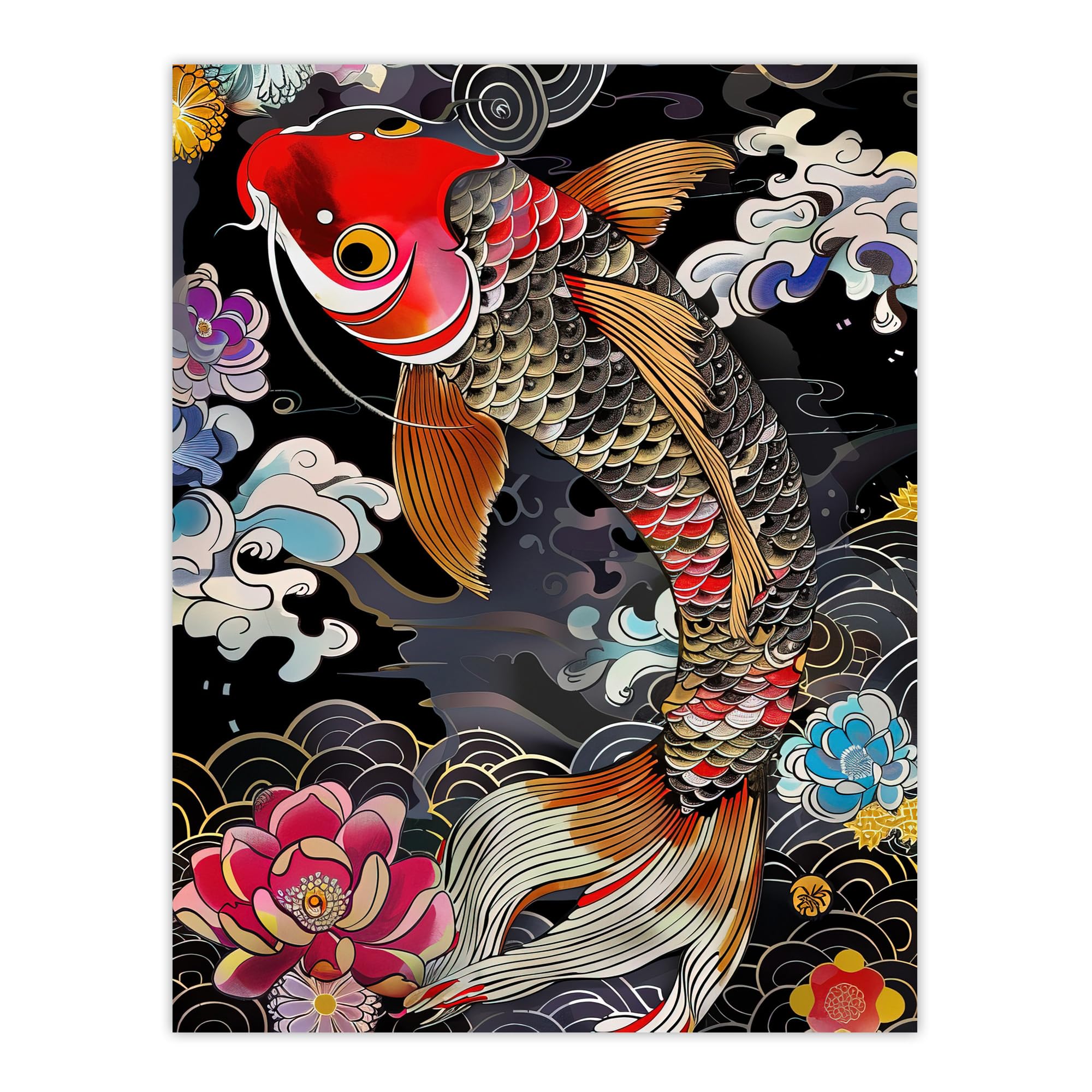 Koi Carp Wall Art Print - Colourful Tattoo Artwork with Lotus Flowers - W24 inch x H32 inch