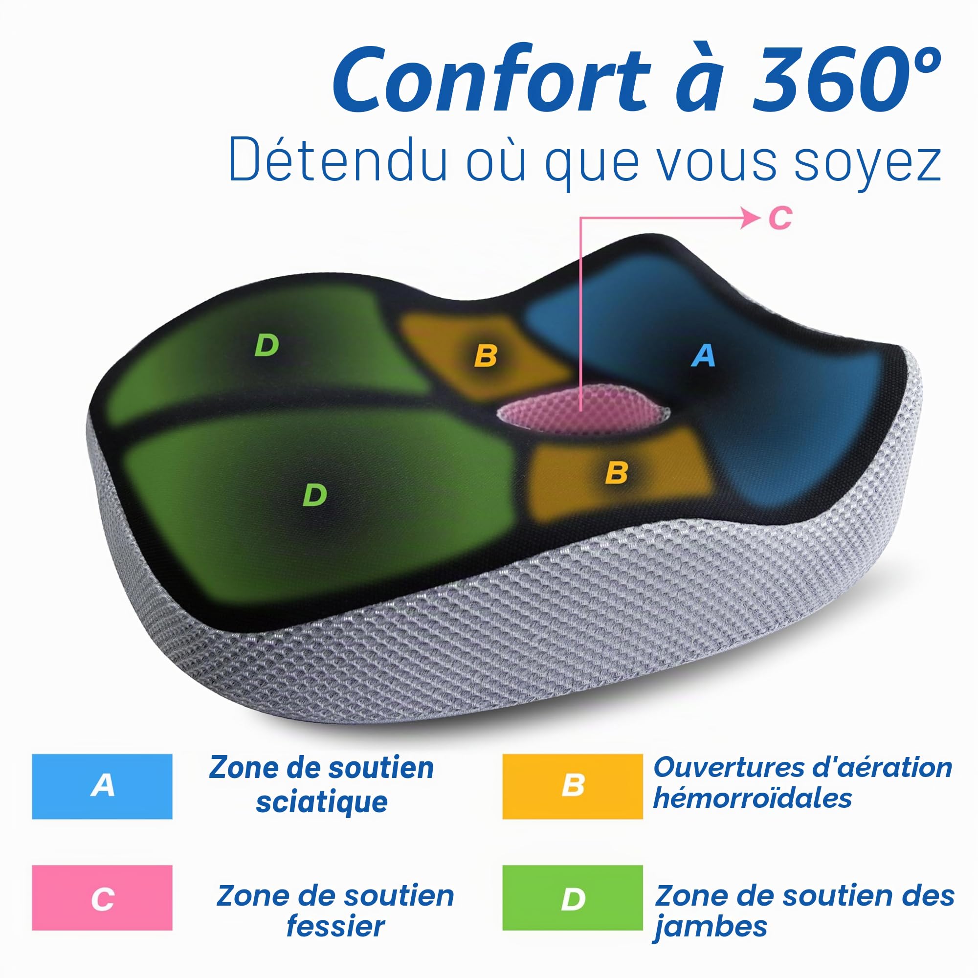 Coussin de siège de voiture, coussin ergonomique en mousse à mémoire de forme pour soulager la douleur sciatique, siège rehausseur adulte pour personnes courtes, coussin de voiture pour conduite