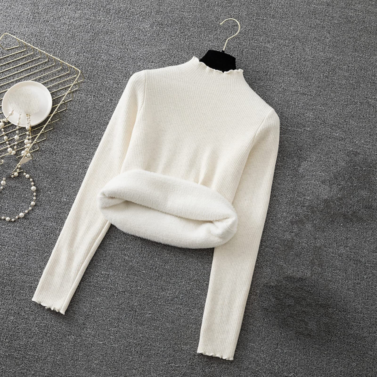 Suéter De Invierno Para Mujer - Otoño E Invierno Damas Más Terciopelo Camisa De Fondo Grueso Moda Medio Cuello Alto Suéter De Punto Delgado De Manga Larga Estiramiento Suave Calidez Elegante Re