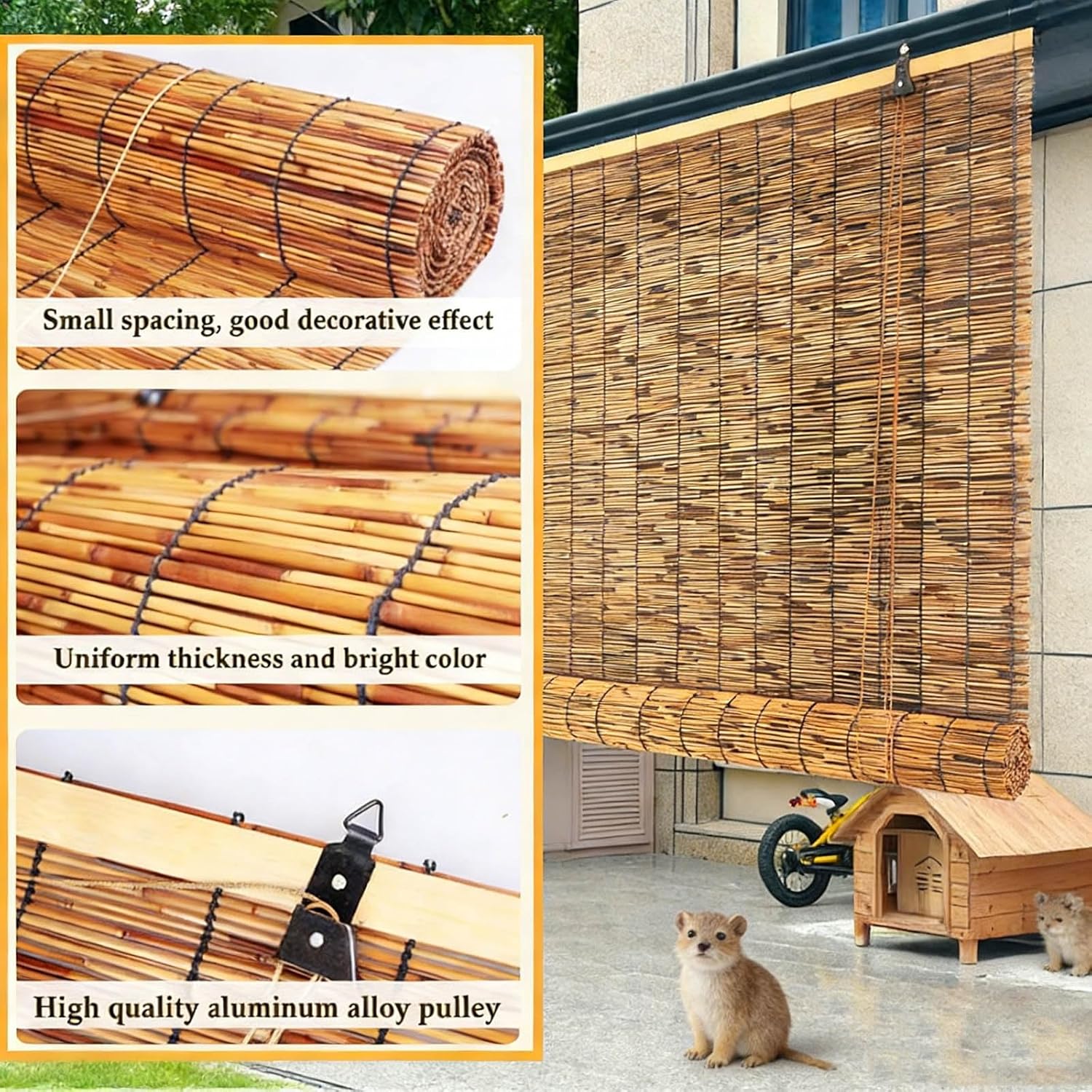 Outdoor Bamboo Blinds for Patio, Waterproof Reed Shades, 36" 48" 64" 72" 80" 84" Roll Up Window Blinds, Privacy Sun Shades, Cordless Bamboo Roller Shades Garden(W72 x H56)