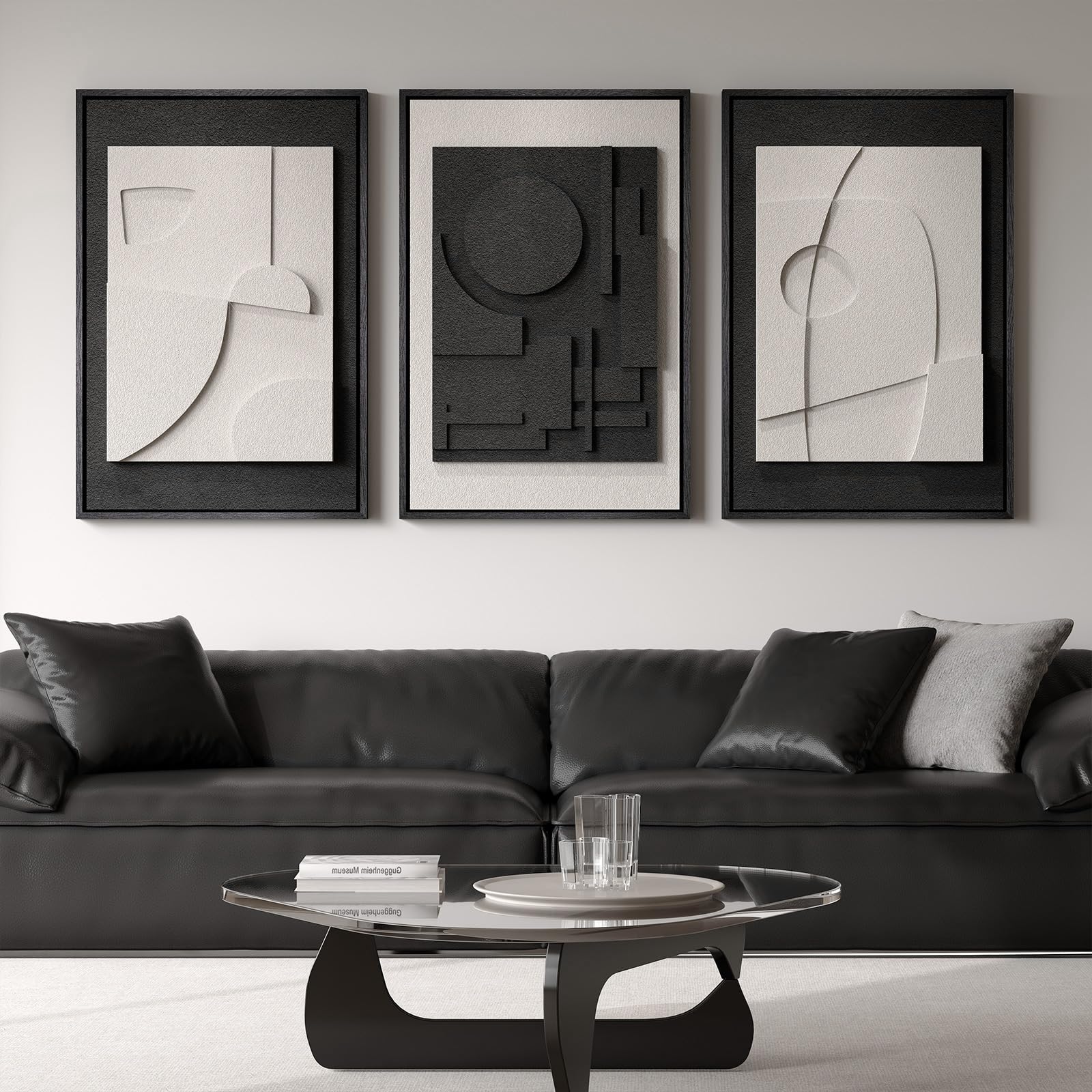 Large 3D Textured Framed Abstract Wall Art for Living Room, 3 Piece Modern Paintings Artwork for Walls, Black White Brown Geometric Sandstone Texture Pictures for Hallway Office Home Decor 24x36 In — view 9