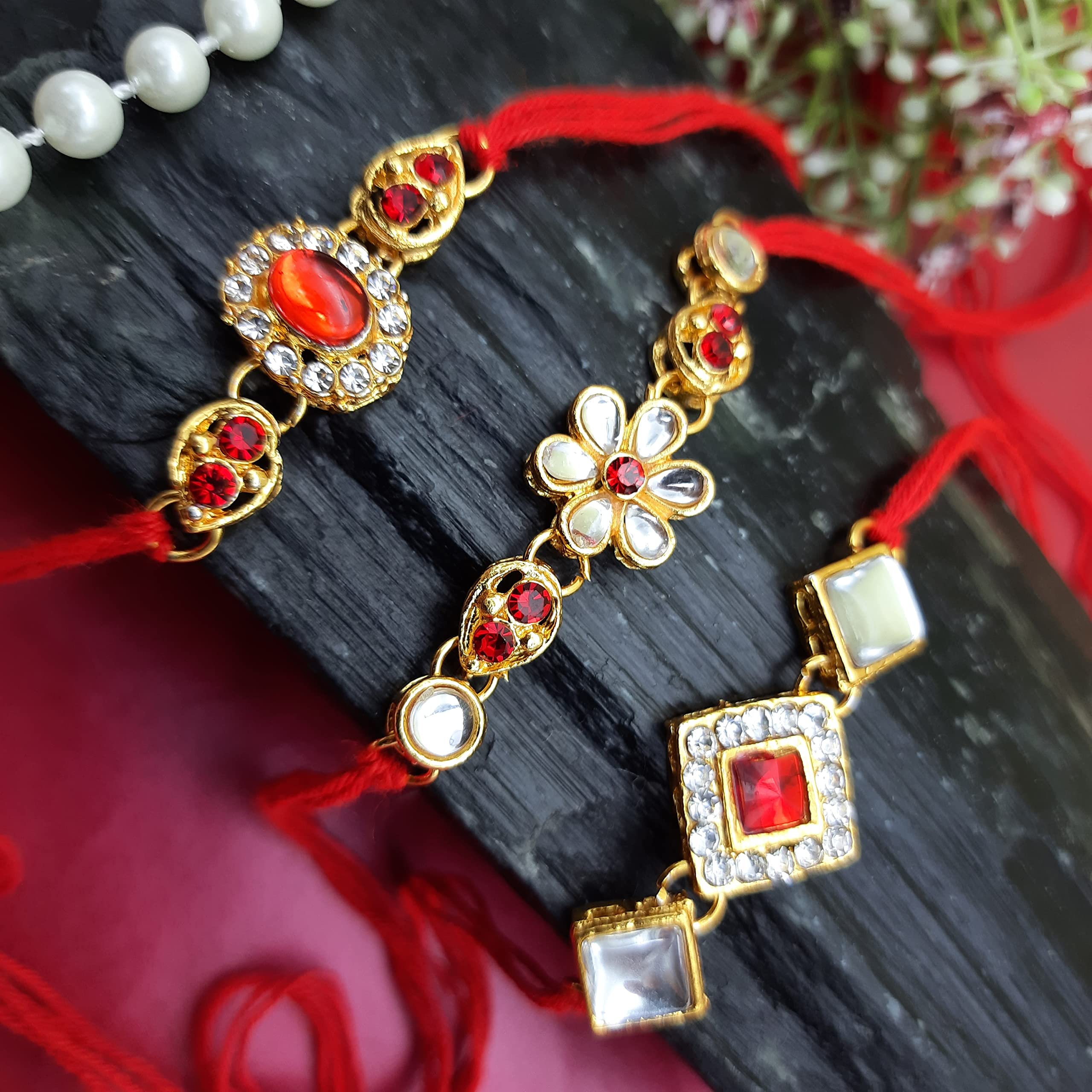 ascension Kundan Meena Design Rakhi Raksha Bandhan Gift Band Moli Bracelet Design Rakhi for Brother bhaiya bro with 2 Dark Fantasy Cookies & Roli Pack (Pack of 4) 4