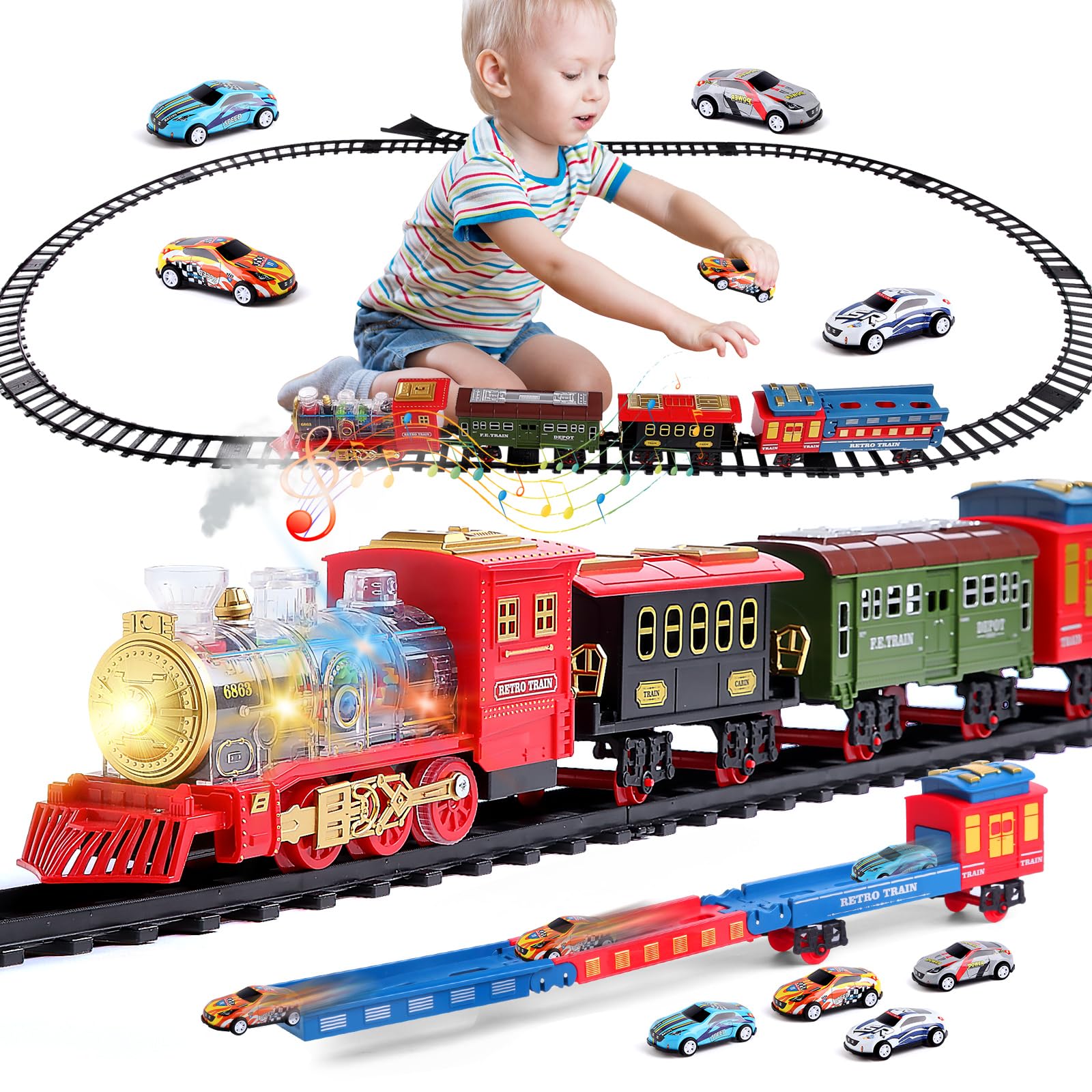 Trenino Elettrico Di Natale Con Fumo Luci E Suoni – Set Da 4 Vagoni + Binari Regolabili Per Bambini 4-10 Anni