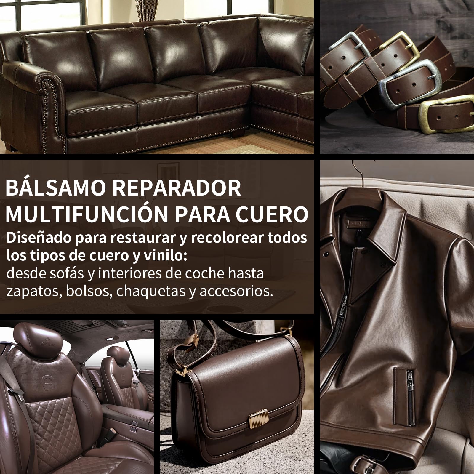 Kit Reparación Cuero Marrón Oscuro, 200ml – Cuidado para Sofás, Asientos de Coche y Bolsos – Reparación de Arañazos y Tinte para Cuero Sintético y Natural