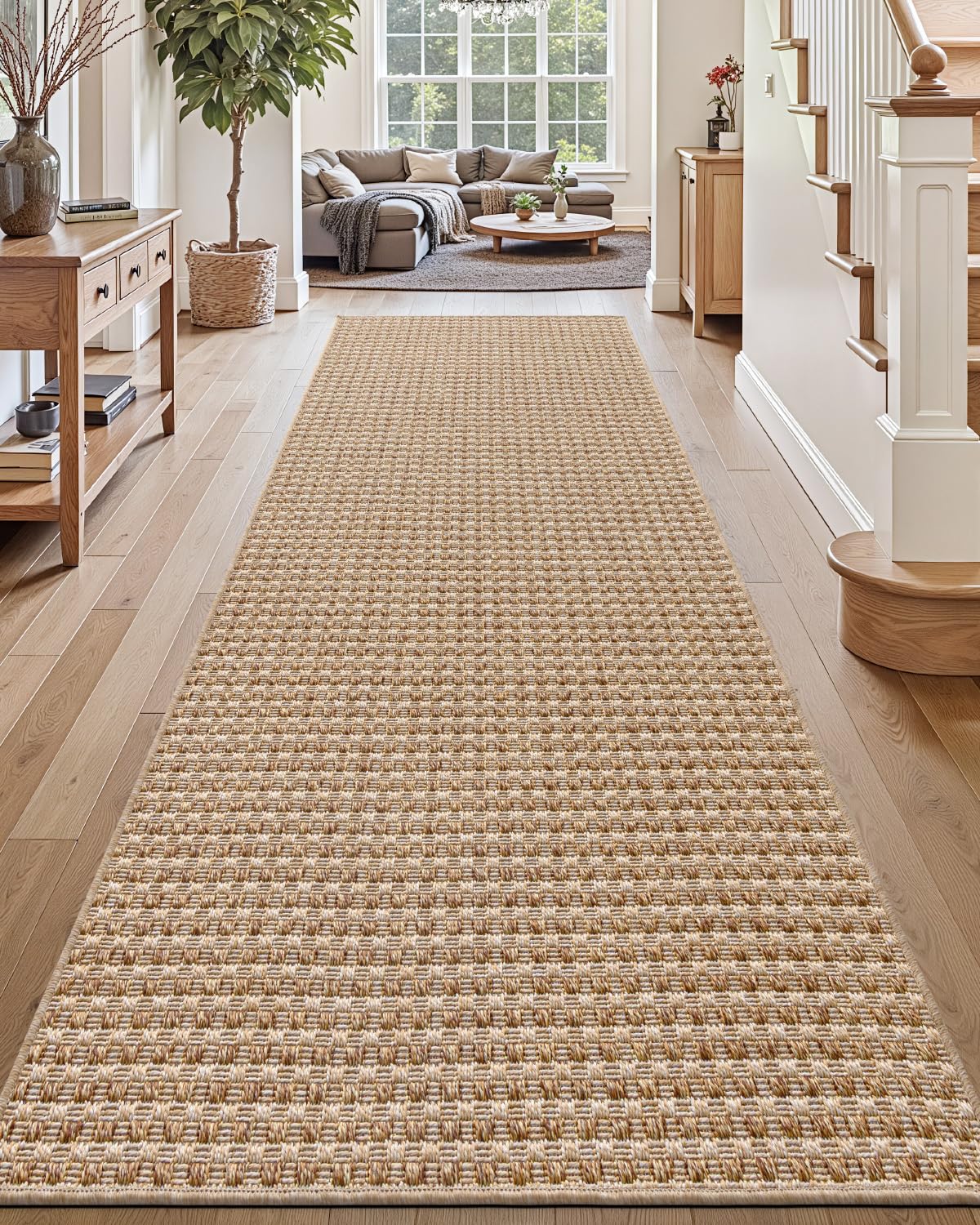 Tapis de couloir lavable style bohème damier beige pour cuisine
