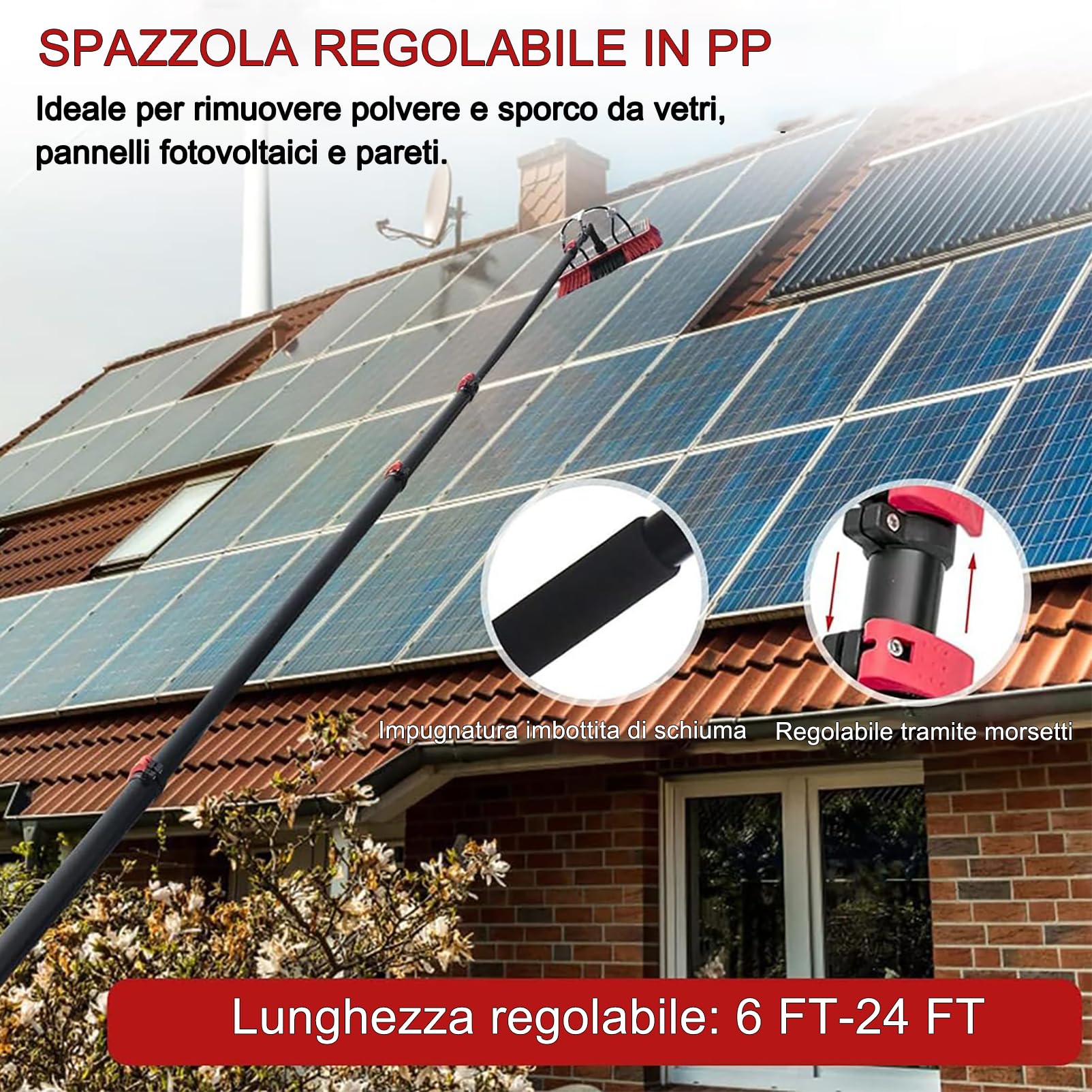 Kit Pulizia Pannelli fotovoltaici 7 Metri Alluminio Estensibile per Lavaggio Pannelli fotovoltaici Palo da 3.6a 10.8m, Chiusura Perfetta Set di Lavaggio Attrezzatura palo di Pulizia