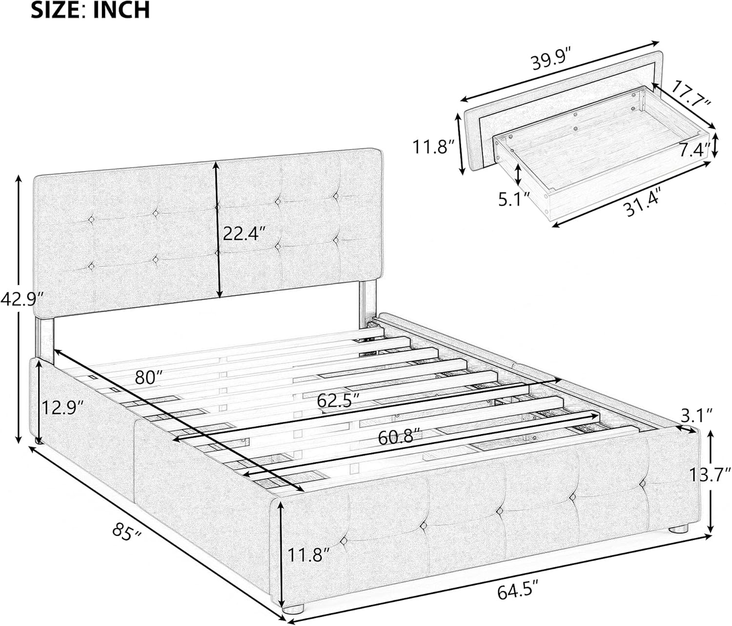 Upholstered Platform Bed, Queen Size Button Tufted Bed Frame with 4 Drawers and Headboard,Wood Slat Support, No Box Spring Needed (Dark Gray+Drawers)