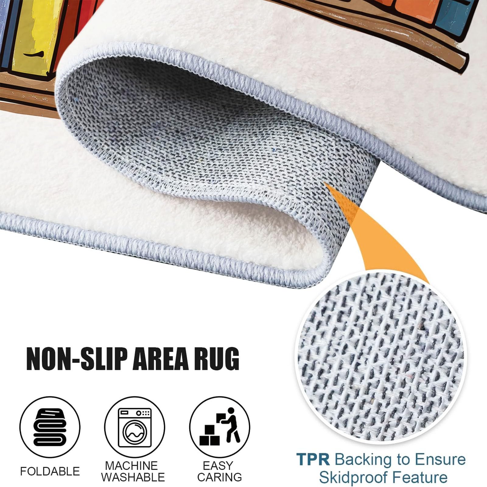 Teppich Rund 200 cm, Waschbare Teppiche, Minimalismus Bücher Briefe Flauschiger Runder Teppiche, rutschfest Carpet, Bedruckter Teppich Schlafzimmer Kinderzimmer, Bunt
