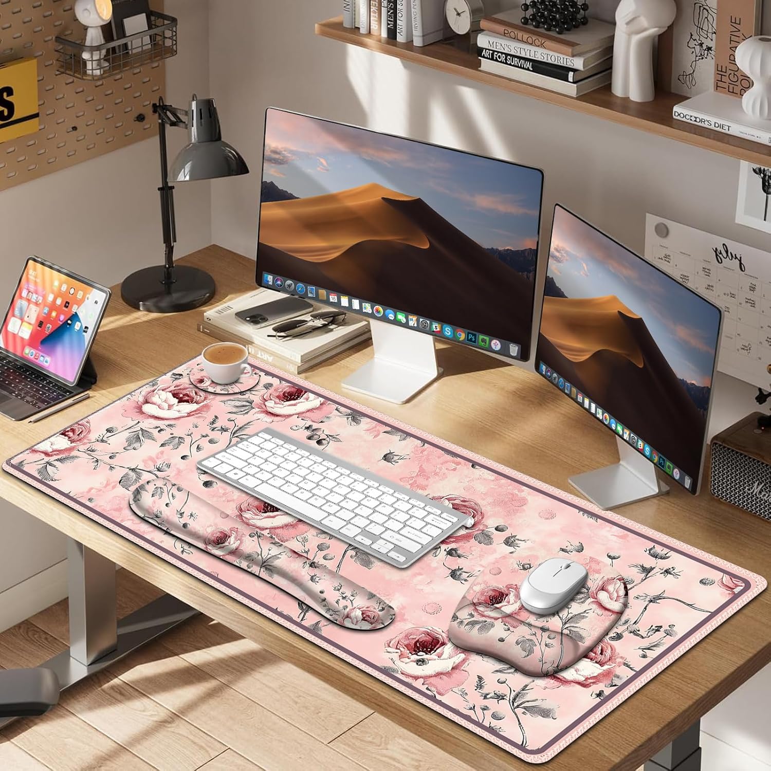 4 in 1 Large Mouse Pad, Keyboard Wrist Rest Set, Ergonomic Mouse Pad with Wrist Support, Desk Mat with Stitched Edges Extended Desk Pad Waterproof Desk Mat for Home Office Game I Pink Rose Flowers